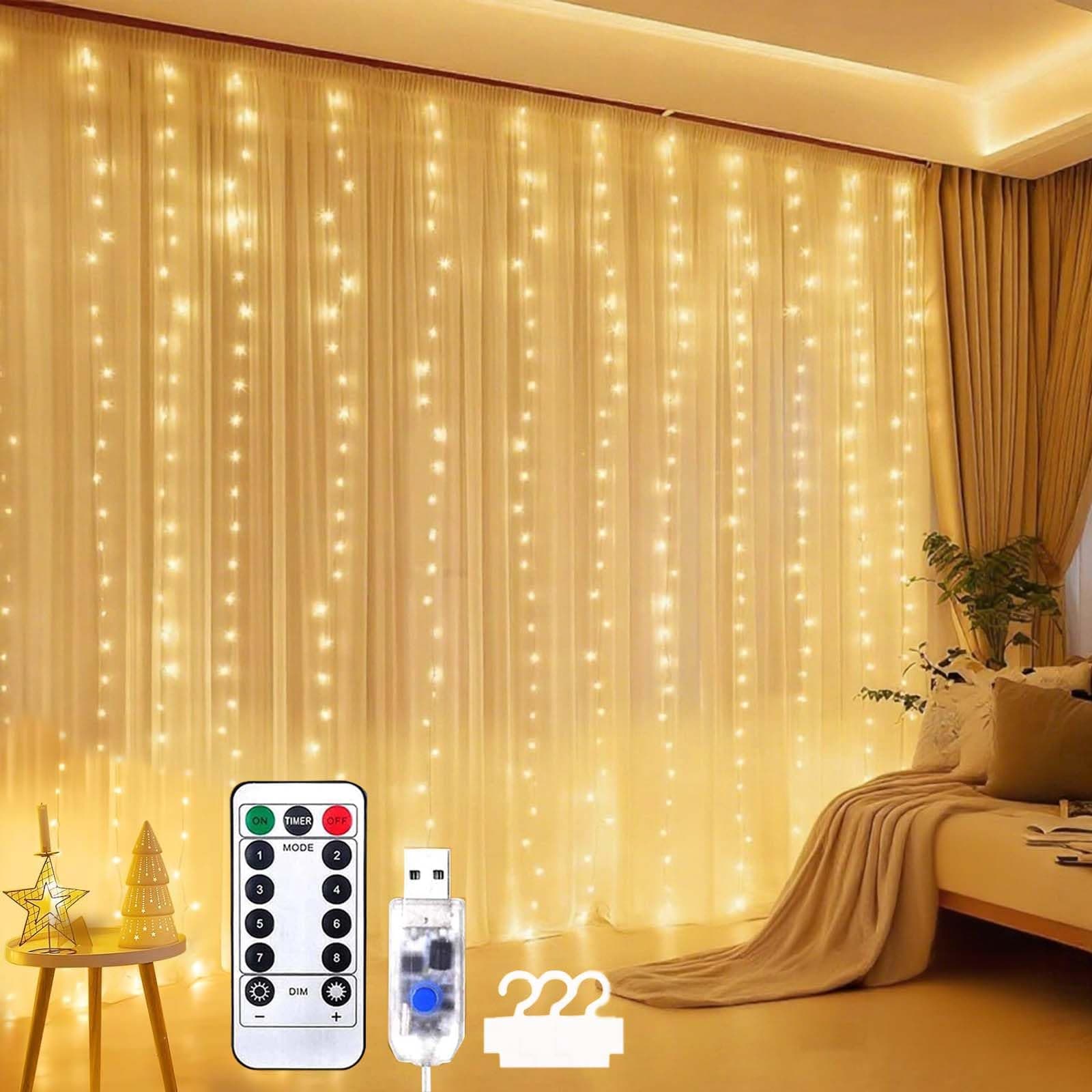300 LEDS Curtain Fairy String Lights, 9.8FT Party Twinkle Lights Decorations, Outdoor Led Light String with Remote 8 Modes for Wedding Home Garden Bedroom Wall Decorations, Warm White