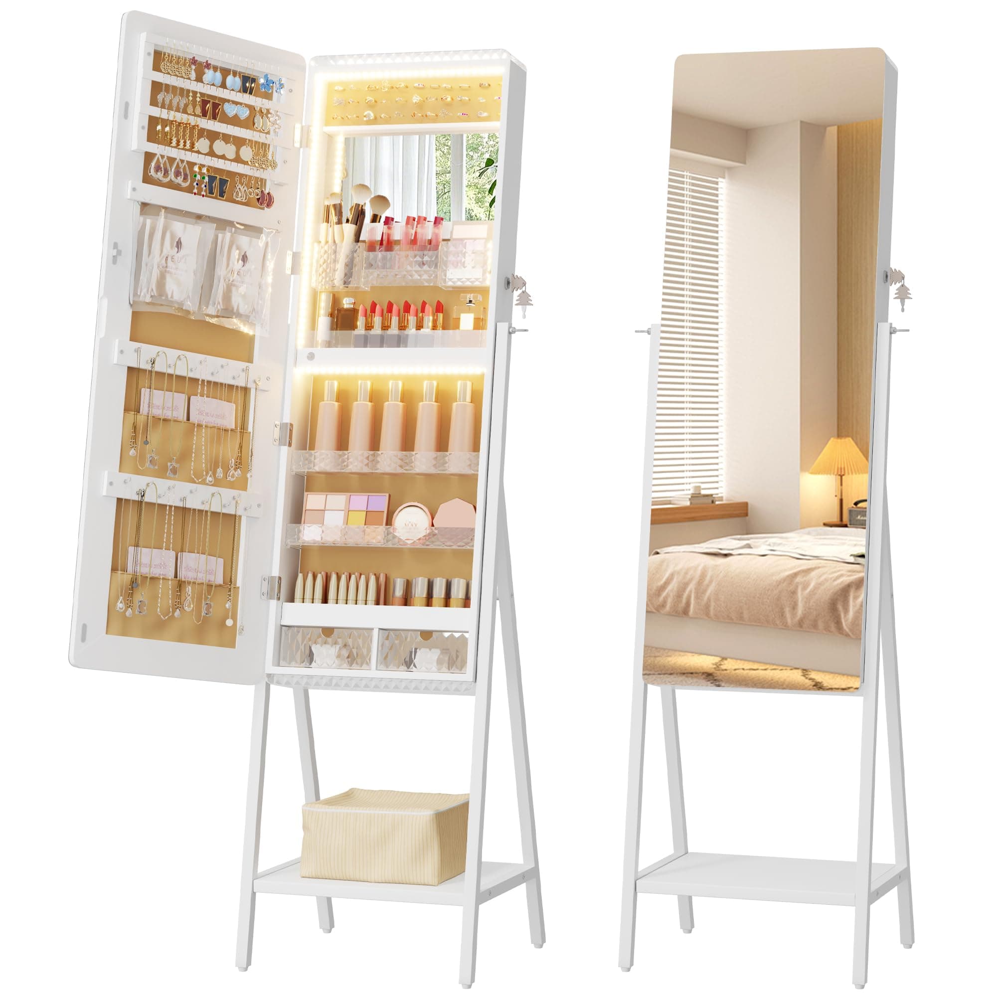 LVSOMT Jewelry Armoire Cabinet Standing, Lockable Full Length Mirror with Storage, Space-Saving Mirror with Jewelry Storage, LED Makeup Mirror, Jewelry Organizer Cabinet Gifts for Her, White
