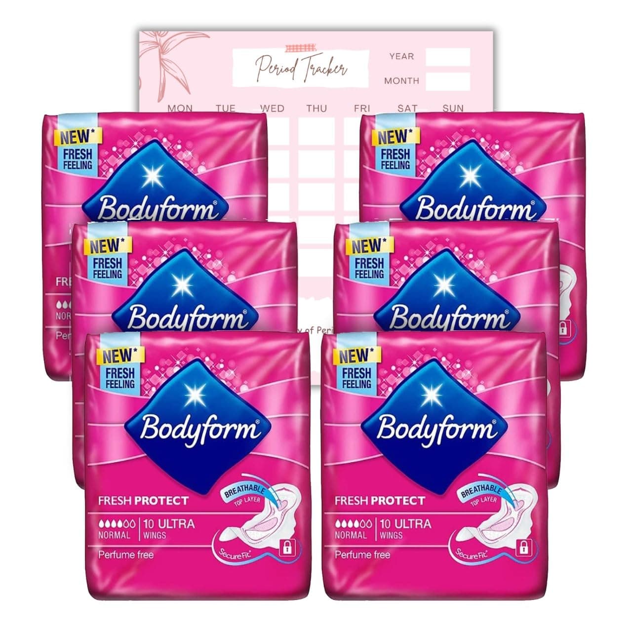 Caliko Bodyform 10 Ultra Sanitary Towels with Wings Pack of 6, 60 (10 x6 Packs) Perfume Free Period Pads, Normal Flow Cour-V Ultra