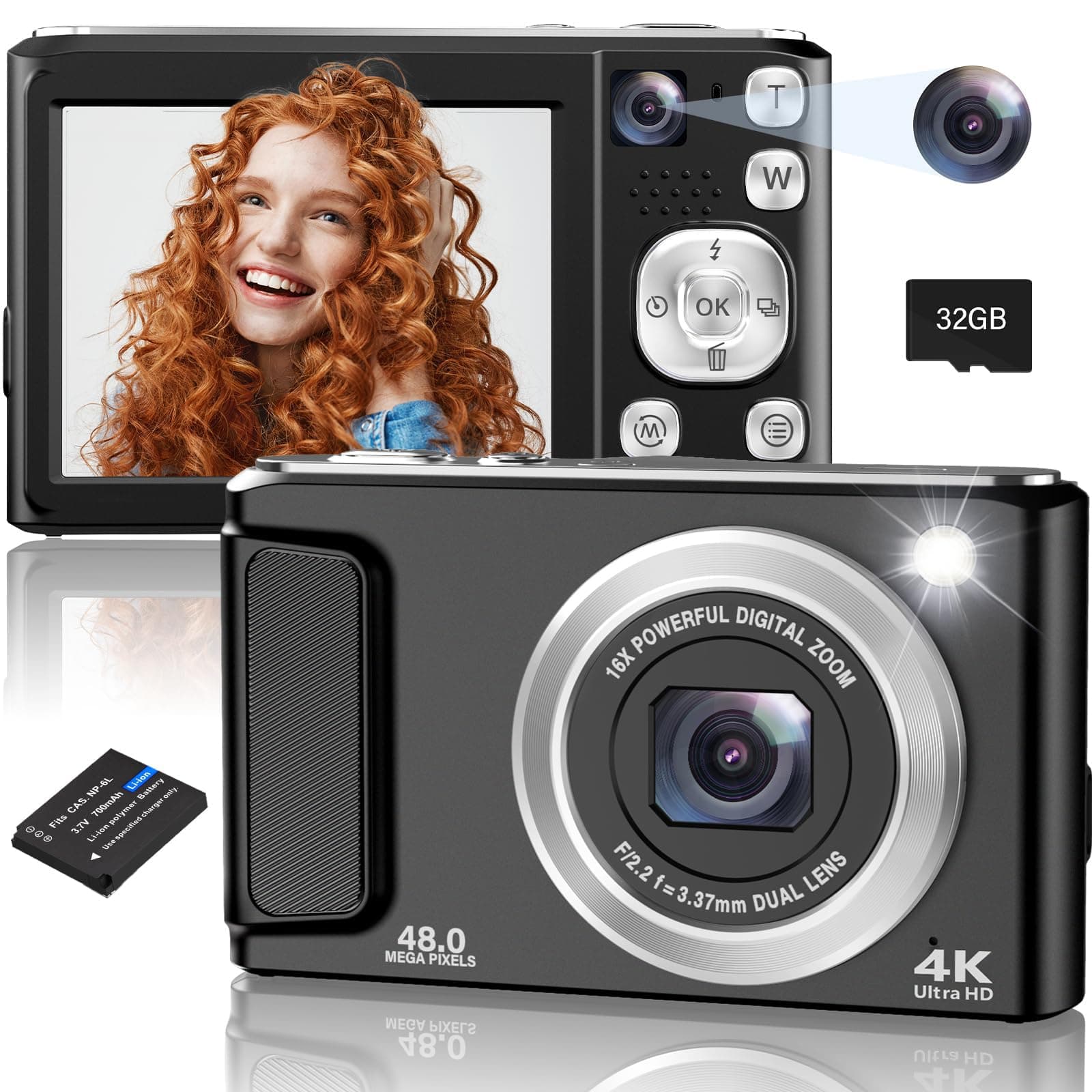 Digital Camera, 48MP 4K Autofocus Cameras for Photography, Vlogging, Compact Camera with Front and Rear Camera, 16X Zoom Protable Anti-Shake Point and Shoot Cameras with 32GB SD Card