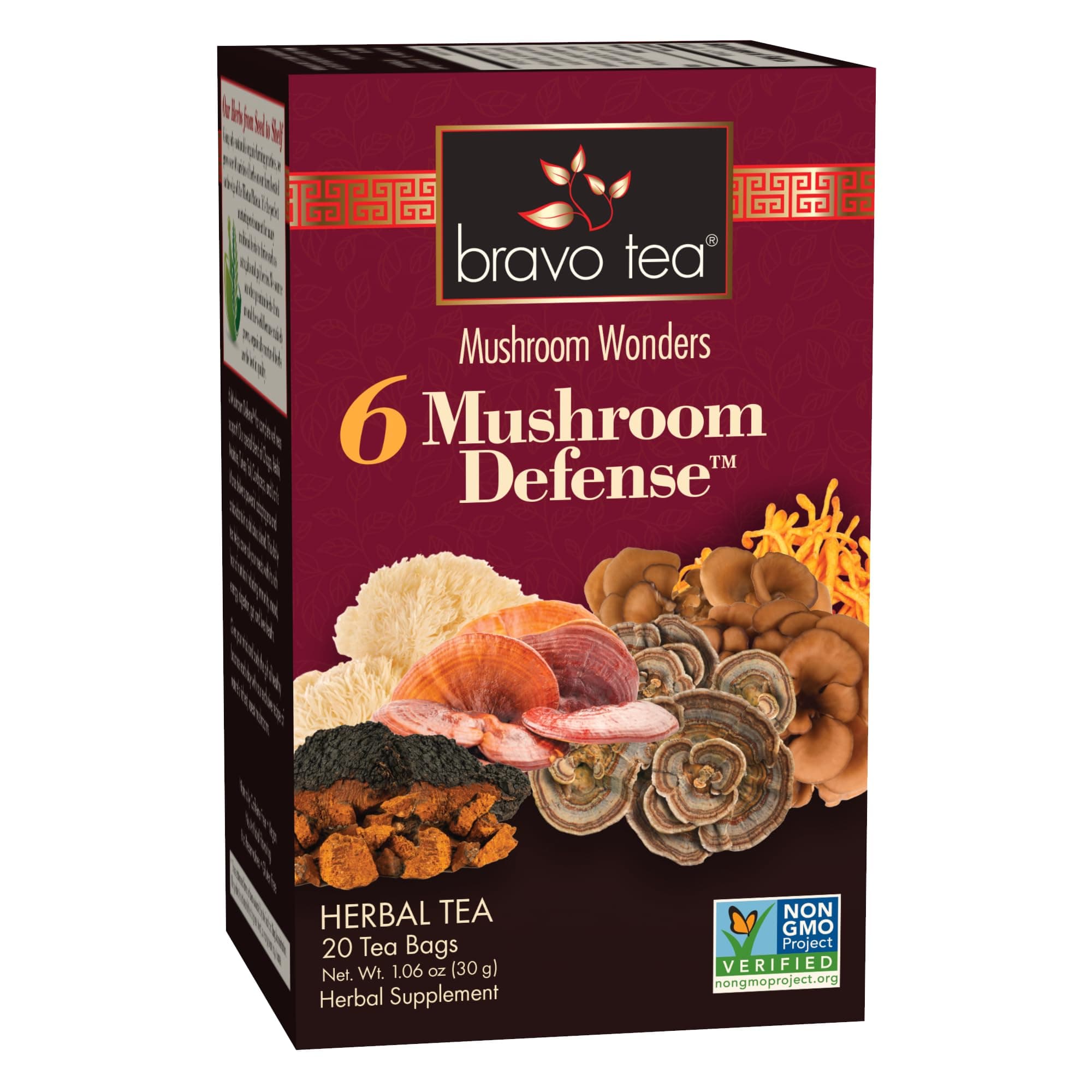 Bravo Tea 6 Mushroom Defense Herbal Tea, Caffeine Free 20 Tea Bags, 1 Count