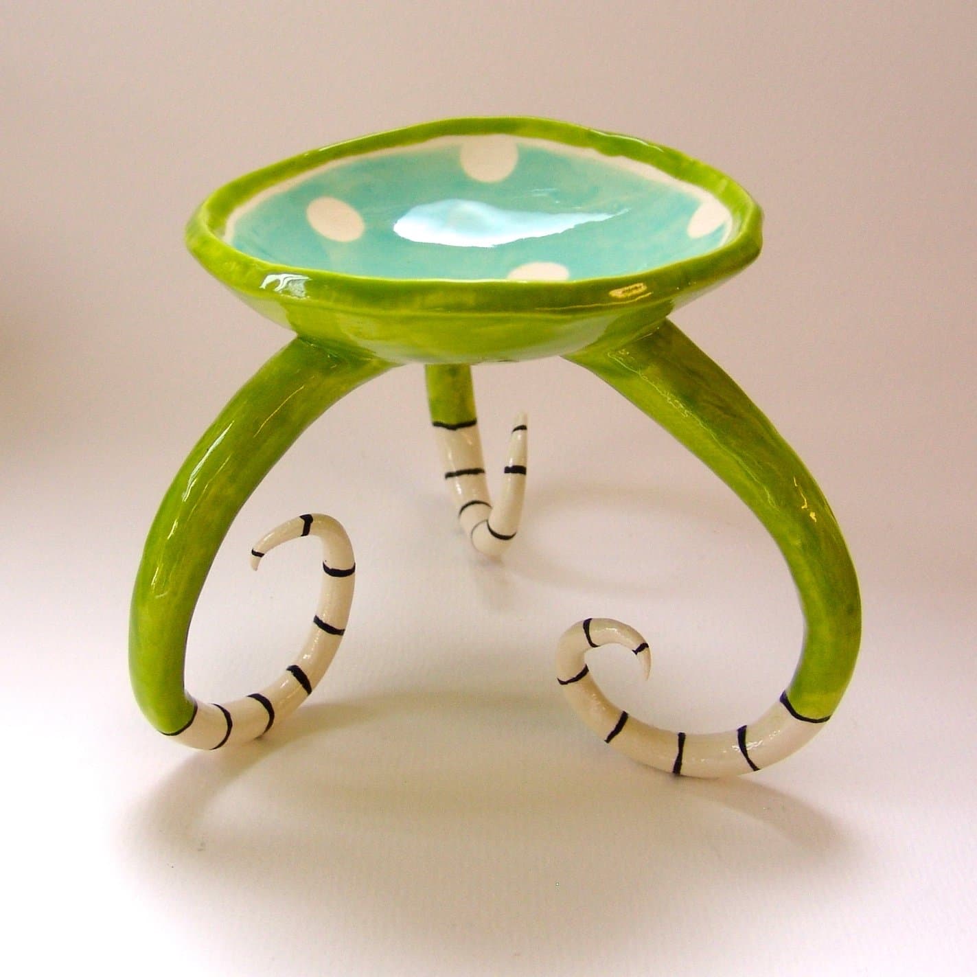 whimsical pottery Candleholder, Serving Dish holiday Turquoise & Lime green