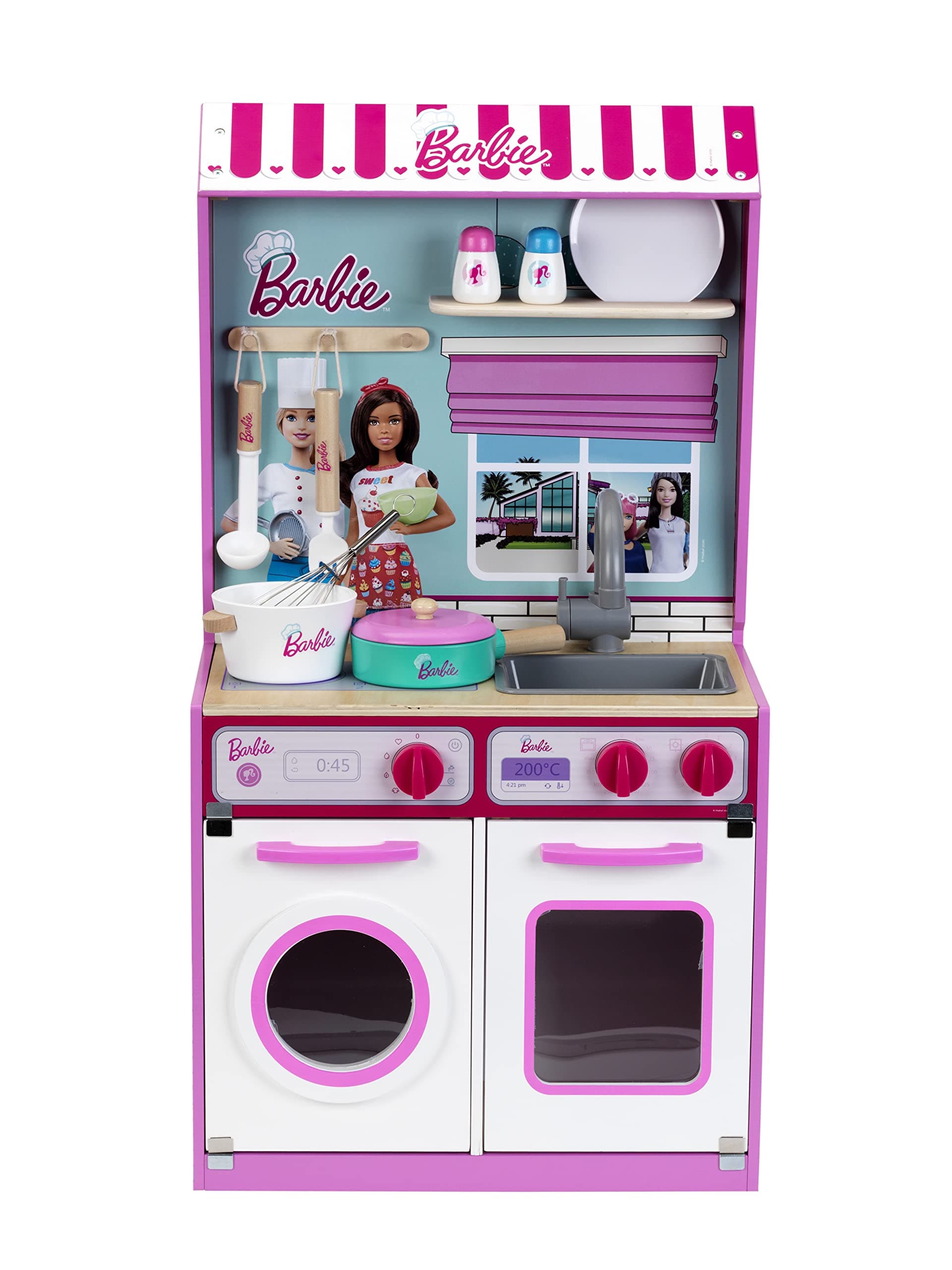 Theo Klein 7312 Barbie wood kitchen with integrated dollhouse 2-in-1 I play kitchen with stove, washing machine and accessories I dimensions: 45 cm x 40 cm x 85 cm I Toys for children aged 3 and overThe Forest Stewardship Council