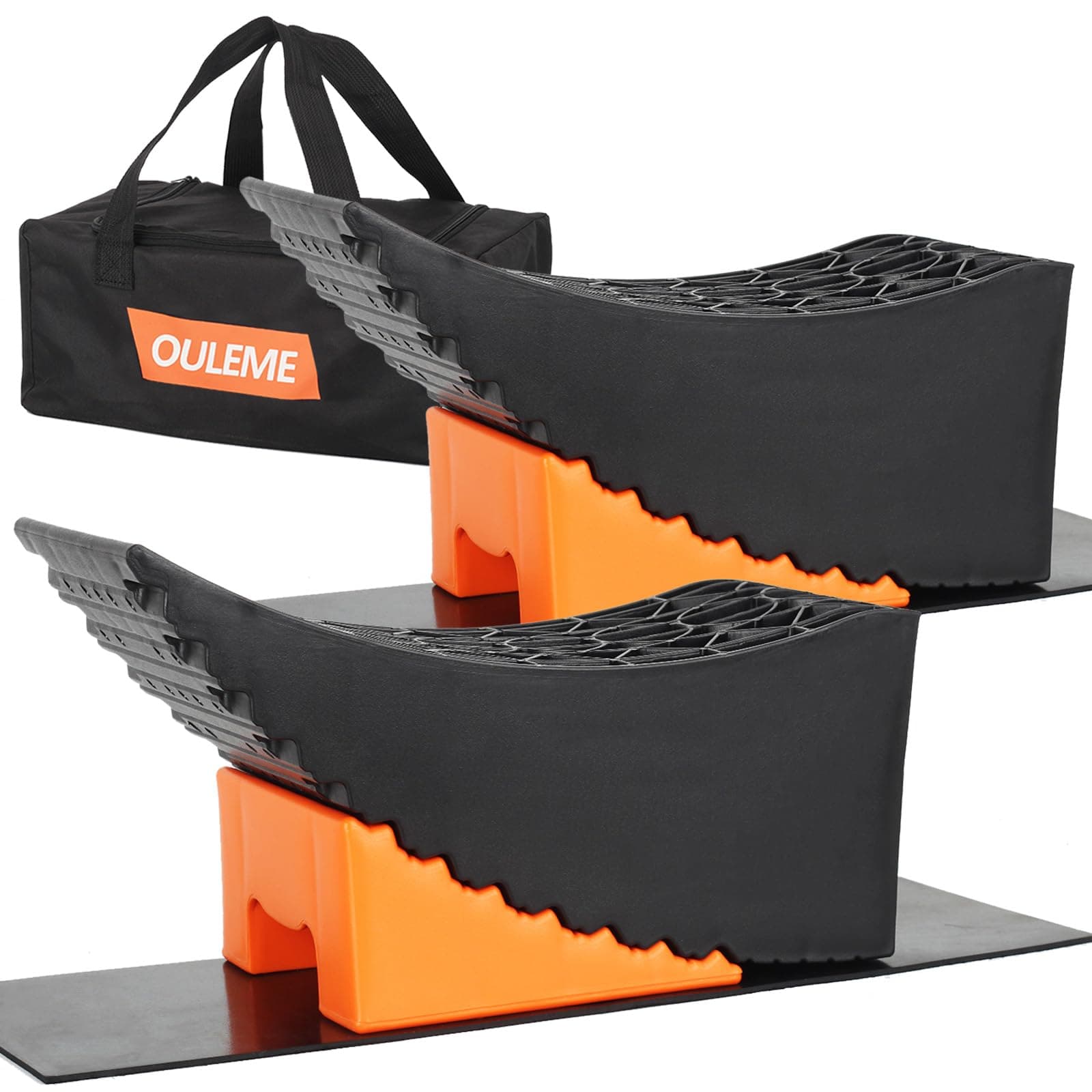 OULEME Curved Leveling Blocks, Raised Tire Change Ramp, for RV Camper Travel Trailer, Fits Dual Axle Tandem Wheel Aid Changing, Lift up to 6", Comes with Chock and Rubber Mat (2 Pack)