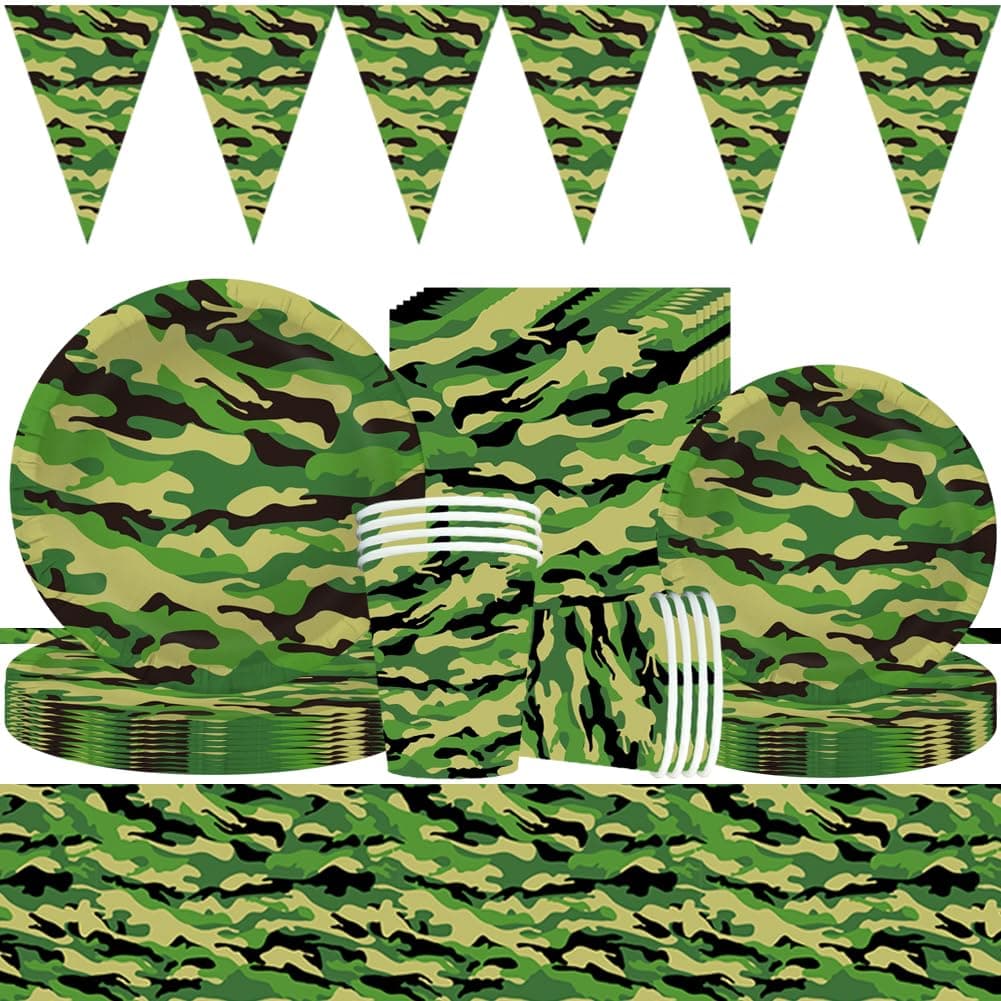 FISAPBXC Camouflage Party Tableware Set, 61PCS Camouflage Party Supplies Birthday Paper Plates, Napkins, Paper Cups Plates for Camouflage Themed Party Decorations (10 Guests)