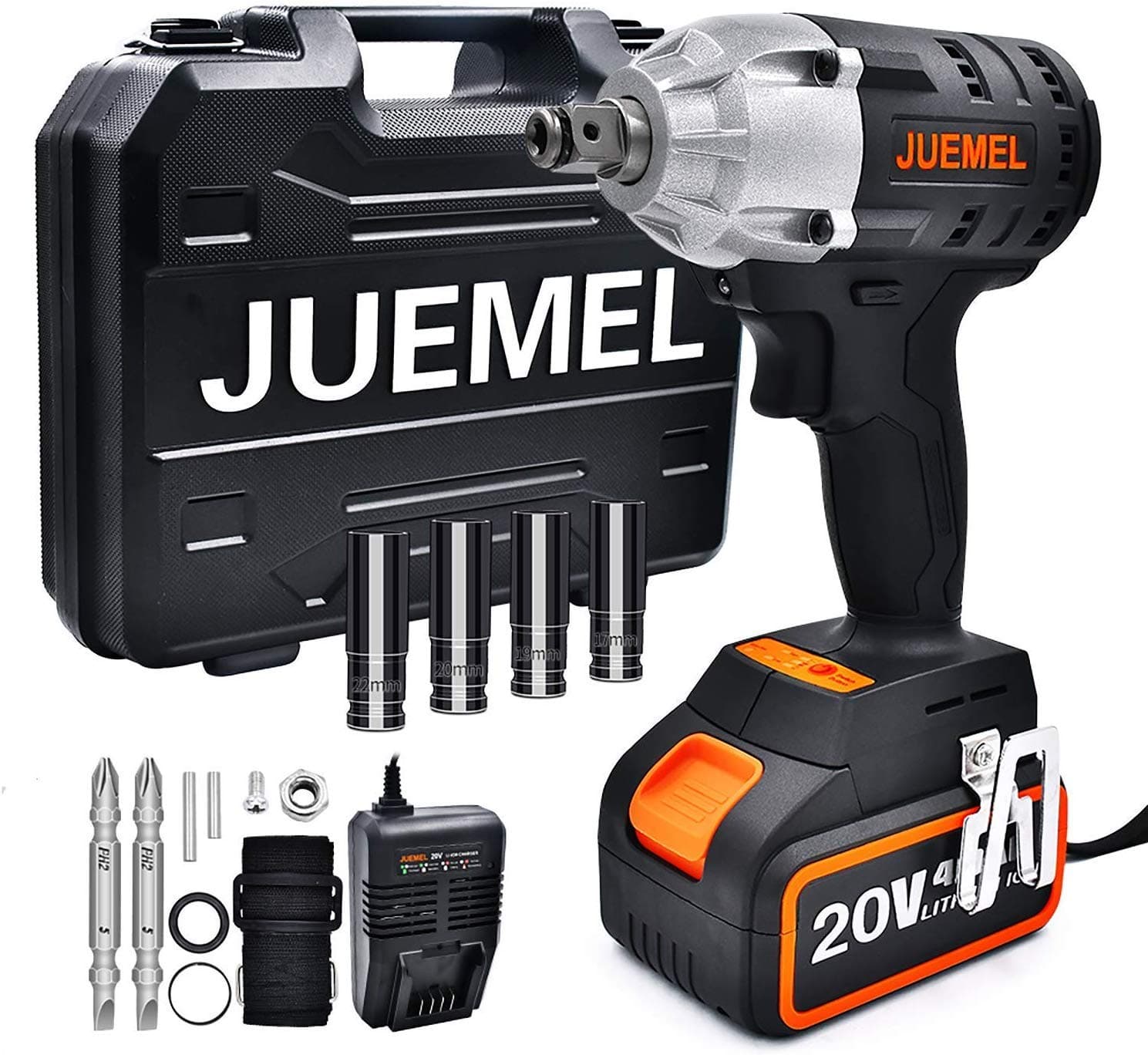 20V Cordless Impact Wrench with 1/2'' Chuck, JUEMEL 1/4" Hexagonal Chuck Electric Screwdriver Cordless Drill 3 in 1 Multifunctional Power Tool Kit. High Torque 2 Speed Impact Driver Set