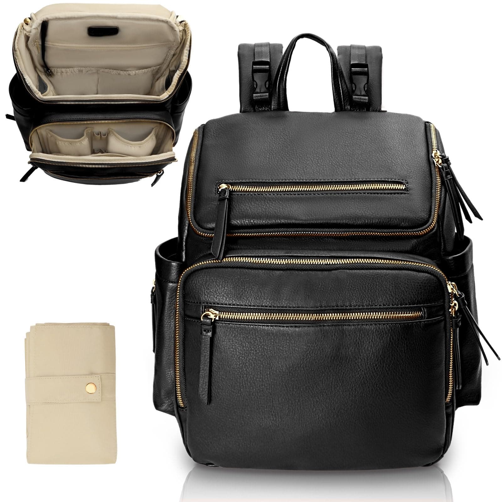 Diaper Bag Backpack Baby Diaper Bag Leather with 17 Diaper Bag Organizing Pouches,Changing Pad,Stroller Straps,4 Insulated Pockets,Black