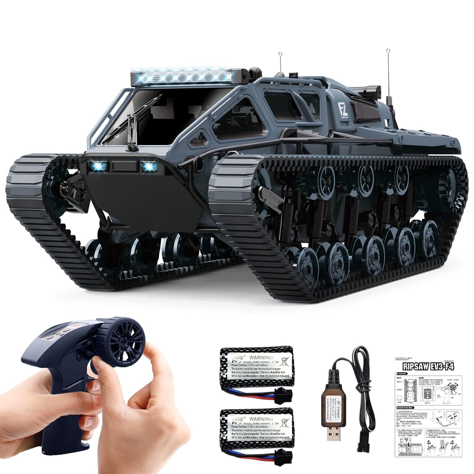Mostop RC Tank Car, 1:16 Scale 2.4Ghz Remote Control Crawler High Speed Tank, Off-Road RC Tracked Vehicles 360°Rotating Drifting Car with 2 Batteries, Military Truck for Kids Adults, Gray
