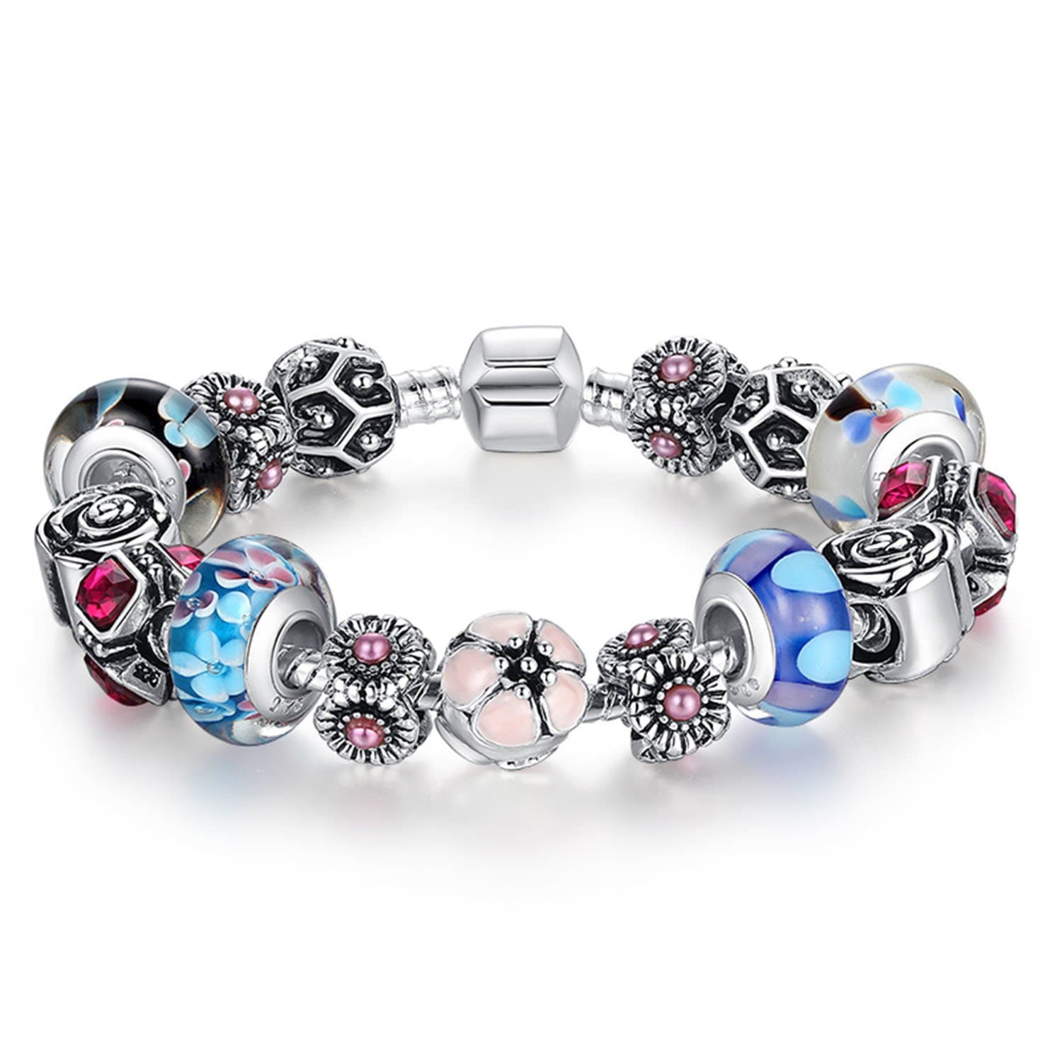 Fun Charm Jewelry Glass Beads Flower Rose Crystal Snake Chain Silver Plated Fit Pandora Charm Bracelet 20CM