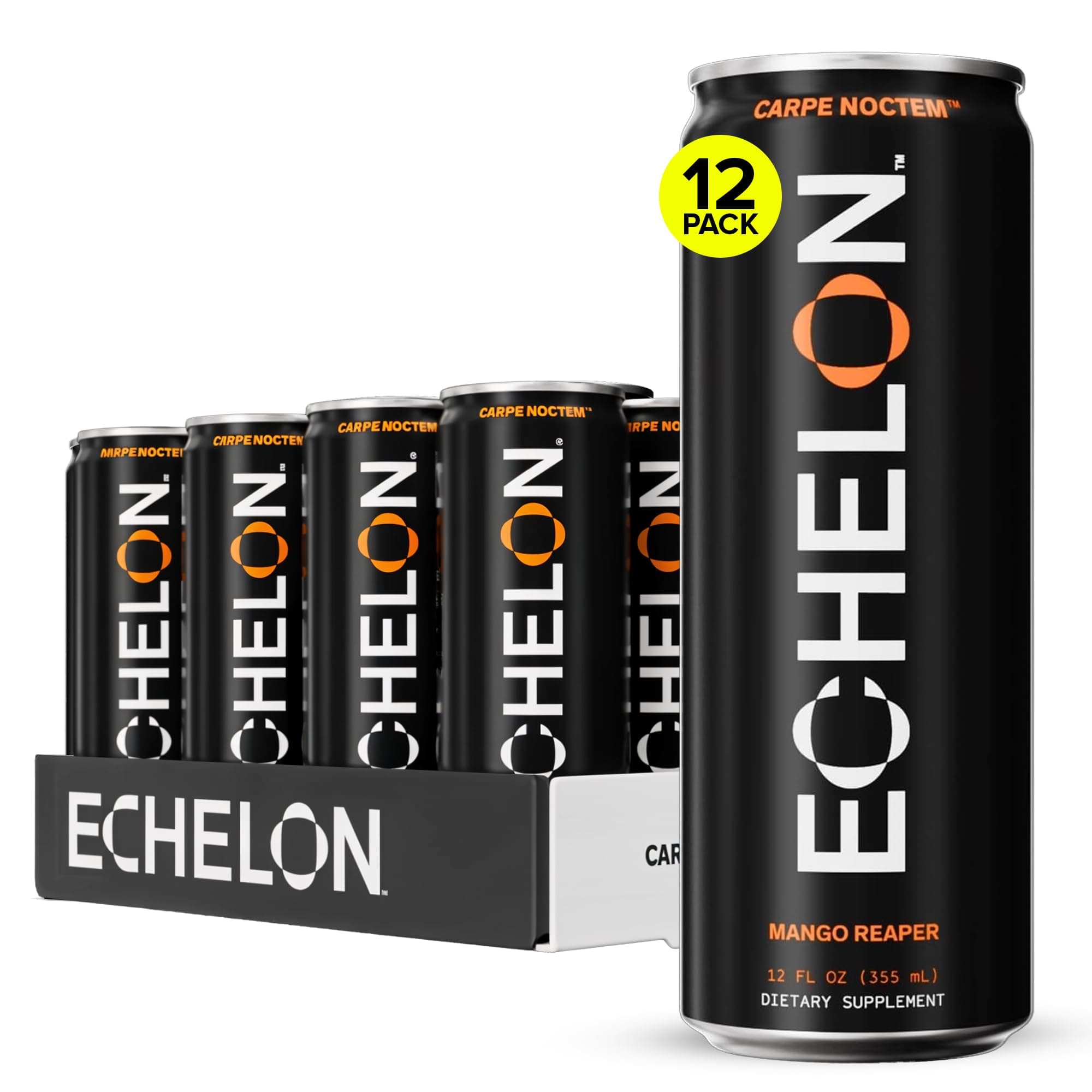 Echelon Pre-Workout Energy Drink - 12-Pack, Mango Reaper - Peak Performance, Sustained Energy, Focus and Endurance Dietary Supplement - 300mg of Caffeine, Beta-Alanine, L-Theanine & Fiber - Vegan