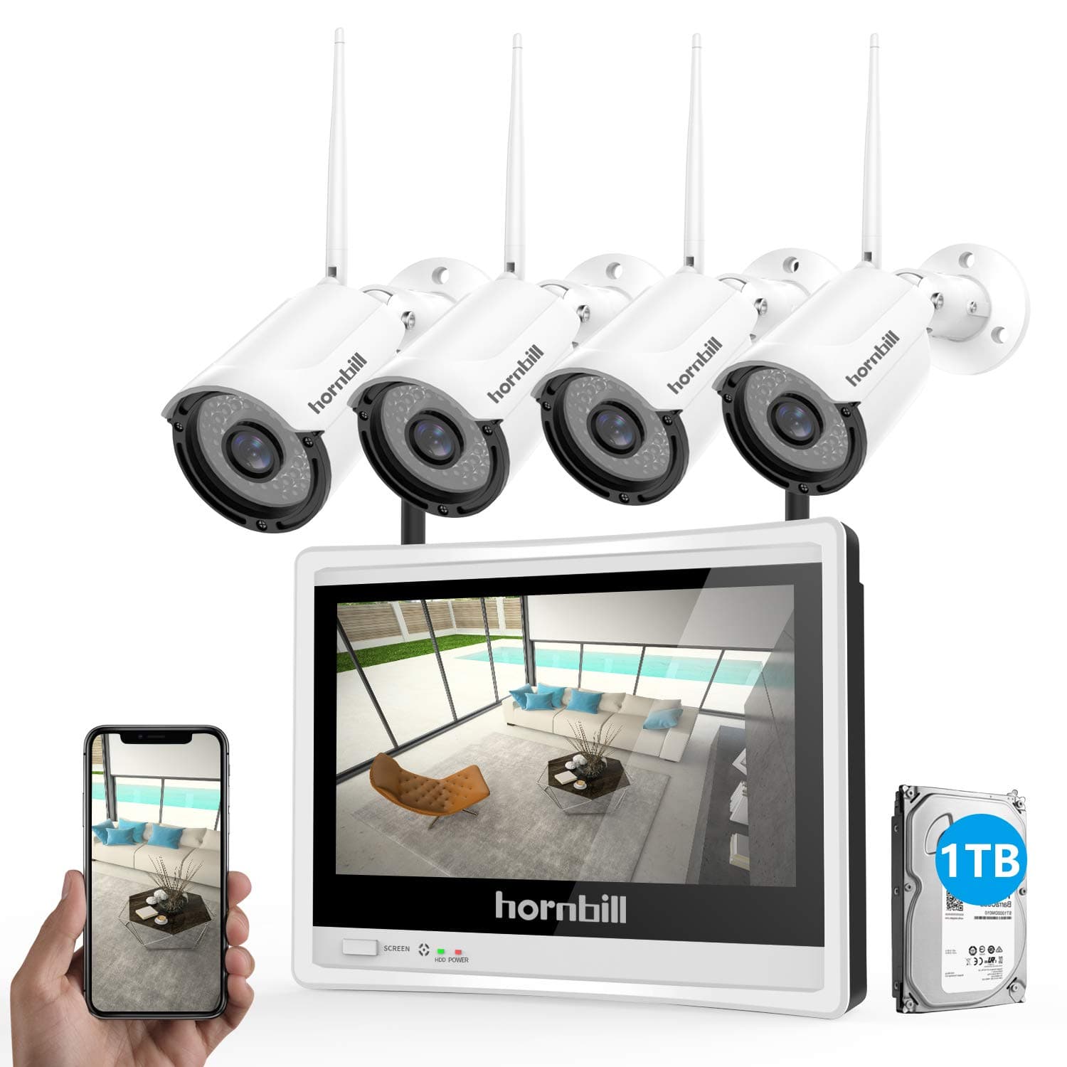 Wireless Security Camera System with Monitor,Hornbill 1080P 8 Channel Video Security System with 12 Inch Monitor,1TB Hard Drive,4PCS 1.3MP Indoor Outdoor IP Security Camera with Night Vision Free APP