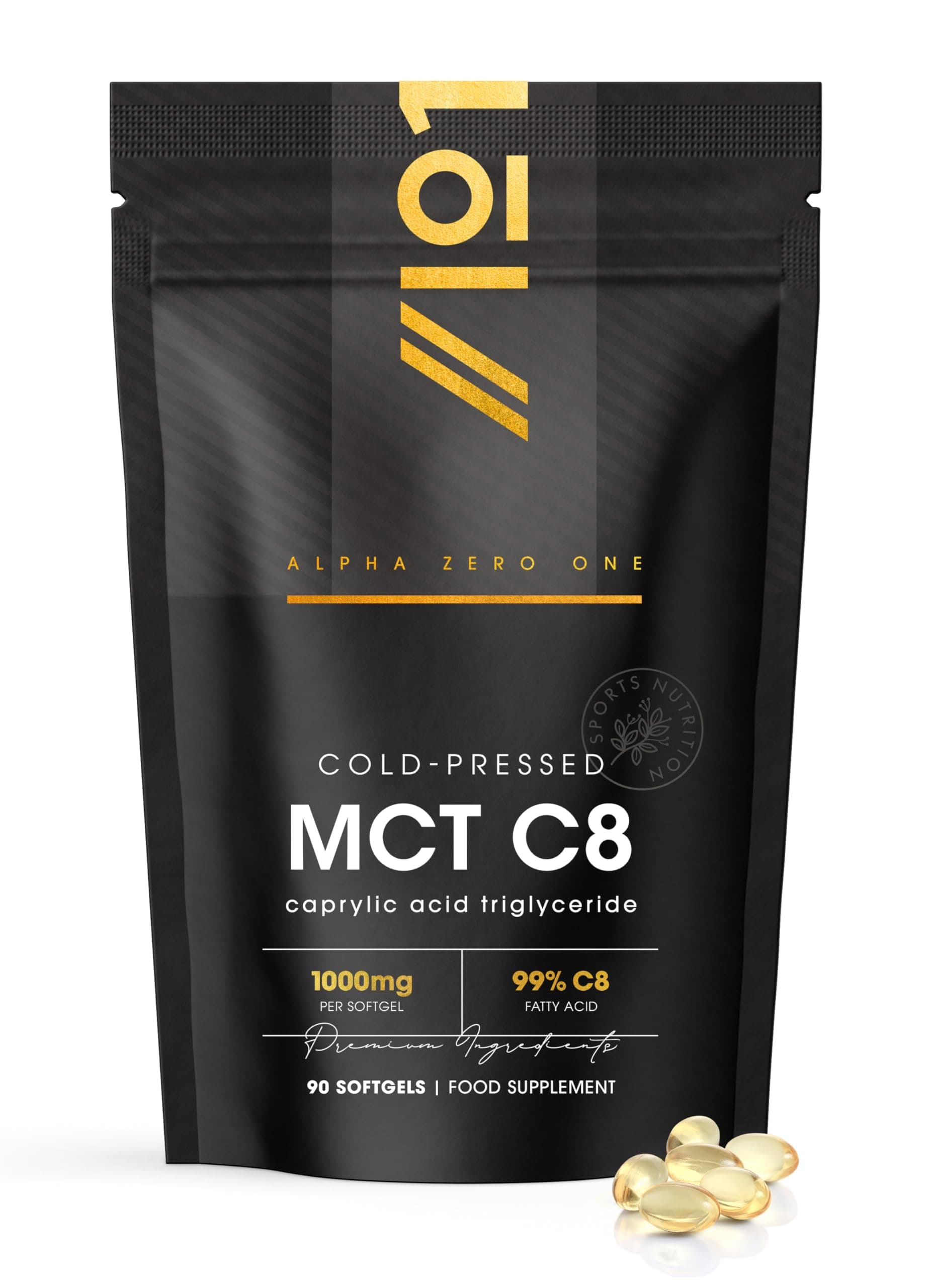 MCT C8 Oil Capsules 1000mg – 99% C8 – 90 Softgels – Caprylic Acid Triglyceride – Made from Coconuts – Resealable and Recyclable Pouch by Alpha01