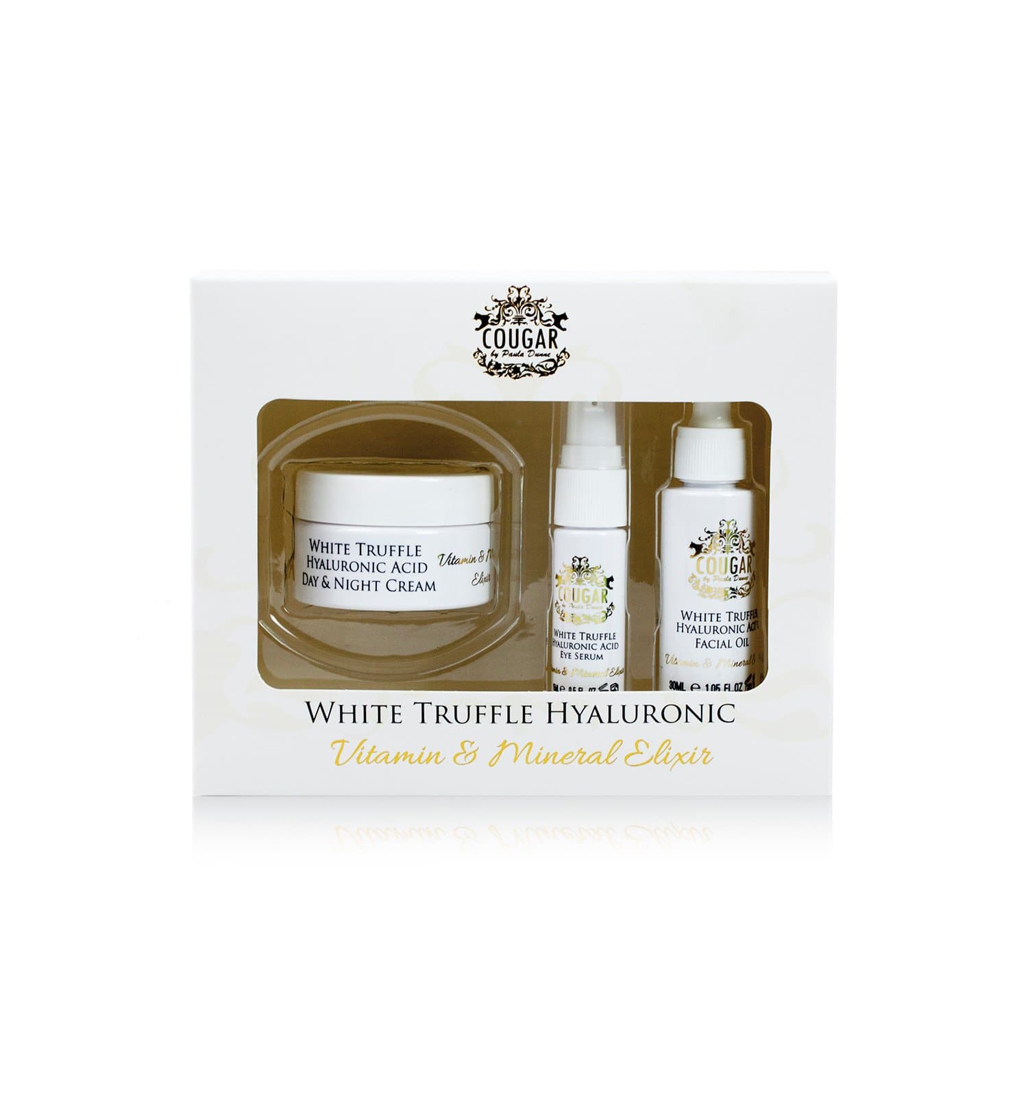 Cougar White Truffel Hyaluronic Acid Day and Night Cream, Facial Oil and Eye Serum Trio Gift Set