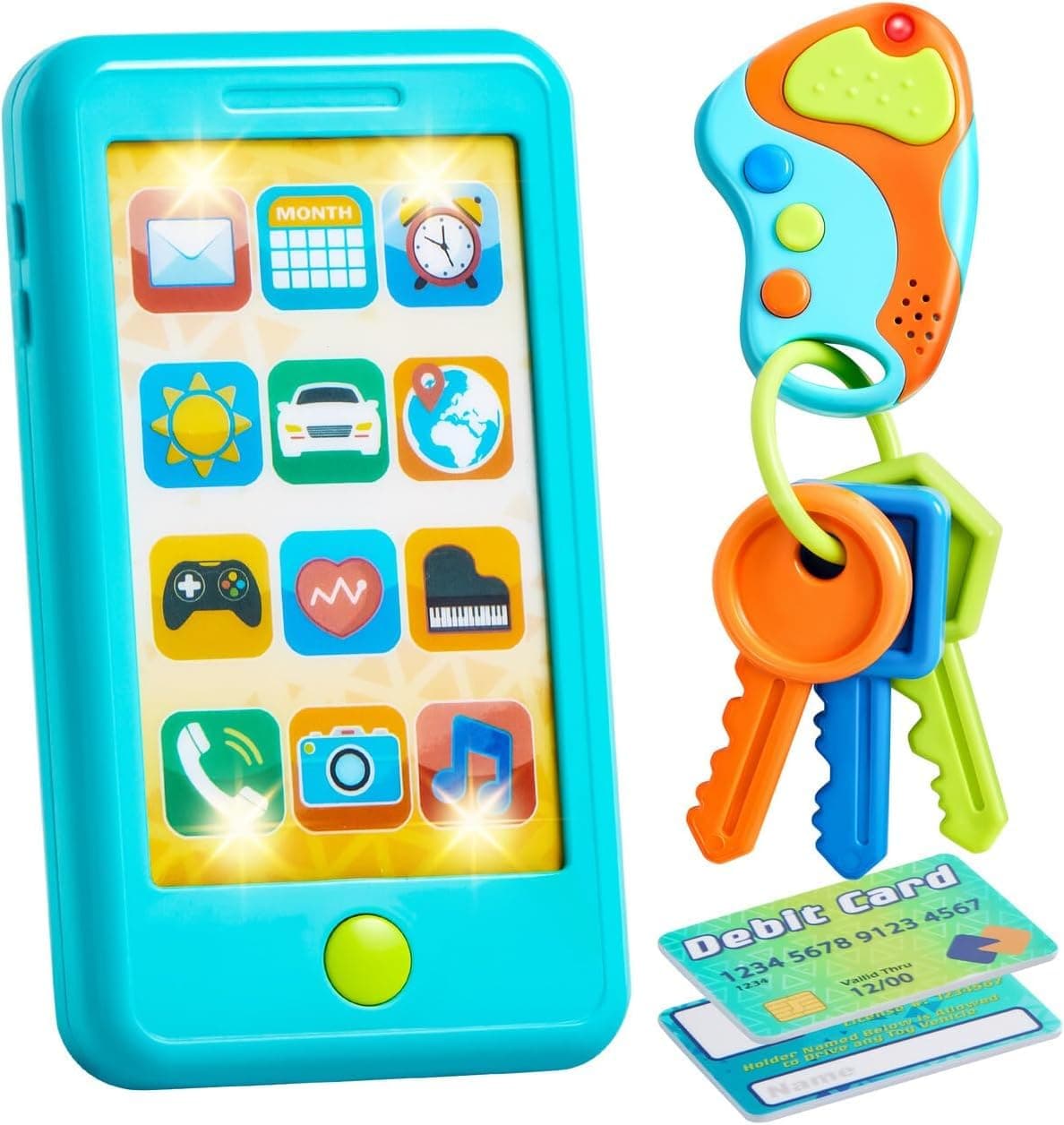 Pretend Toddler Phone, Learning Toy Phone Set,Keyfob Key Toy and Credit Cards Set, Kids Cellphone, Girls Boys Birthday Gifts for 1 2 3 Year Old,Baby Blue, Kids Presents, Easter Basket Stuffers