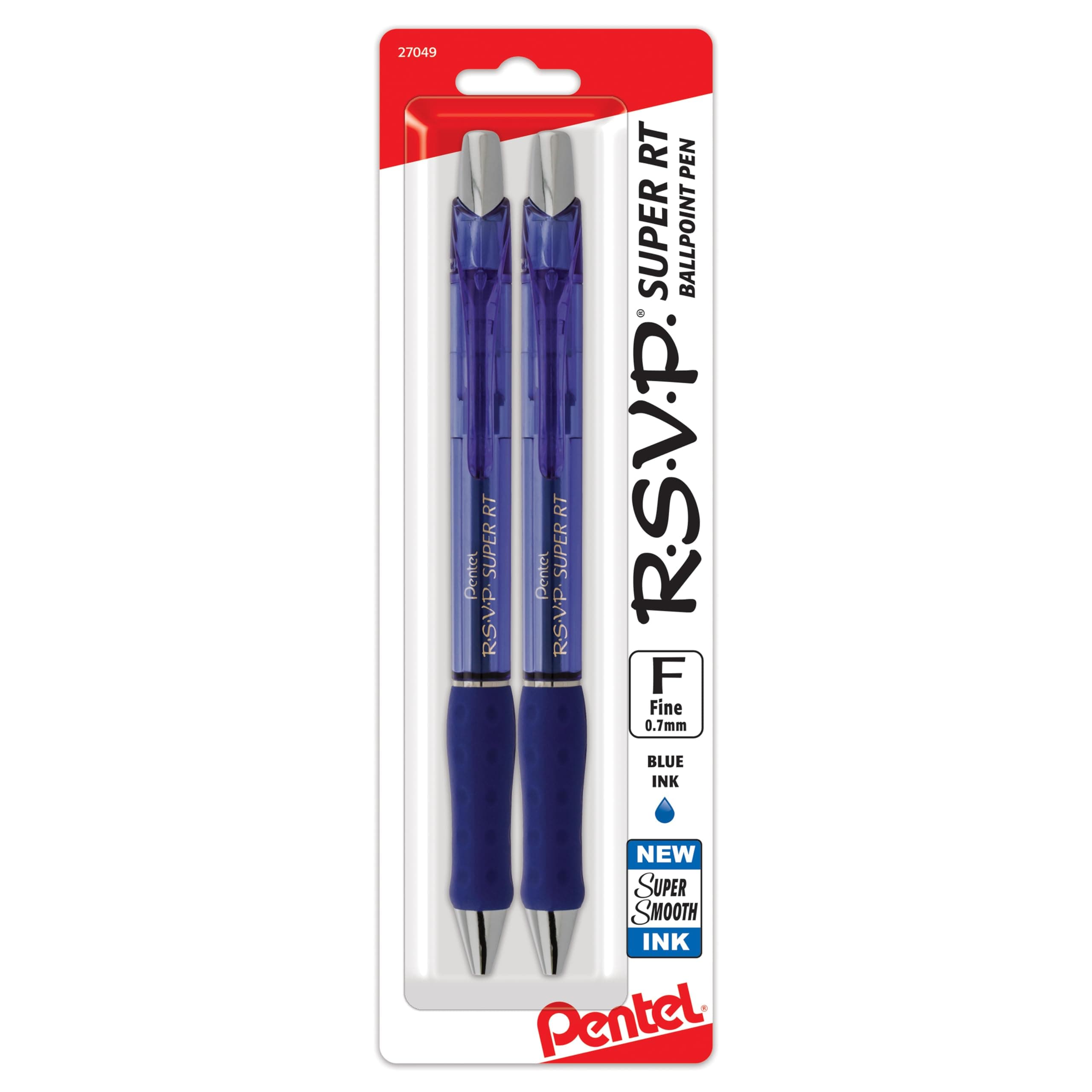 Pentel RSVP Super RT Ballpoint Pen, (0.7mm) Fine Line, Blue Ink, Pack of 2 (BX477BP2C)