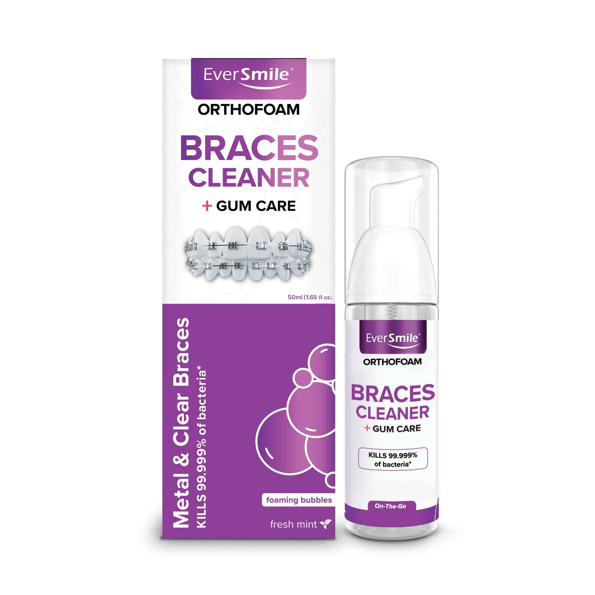 EverSmile OrthoFoam Braces Cleaner - Cleans Under Metal, Ceramic or Clear Brackets & Wires. Can Brush or Rinse With & Use in Trays. Foaming Bubbles Whiten Teeth & Fight Plaque (1 pack)
