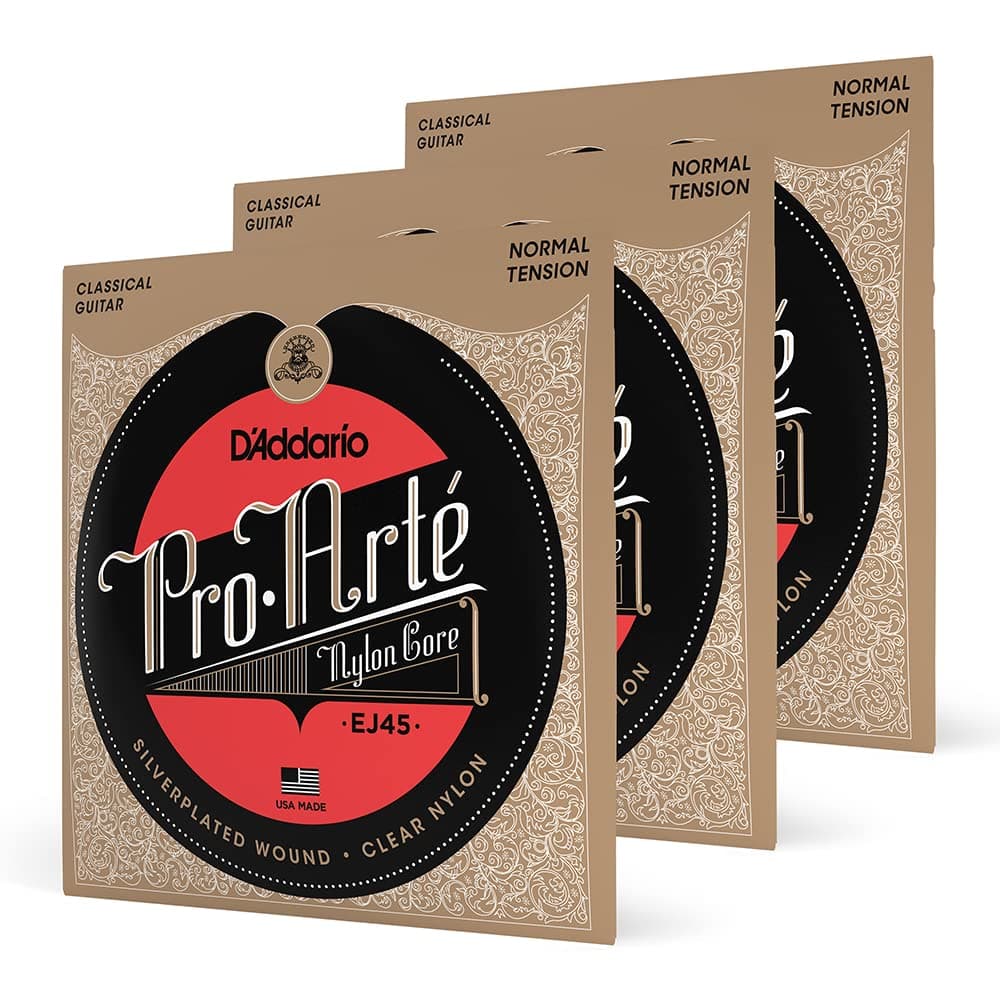 D'Addario Pro Arté Nylon Classical Guitar Strings, EJ45-3D, Normal Tension, 6-String Set, Pack of 3