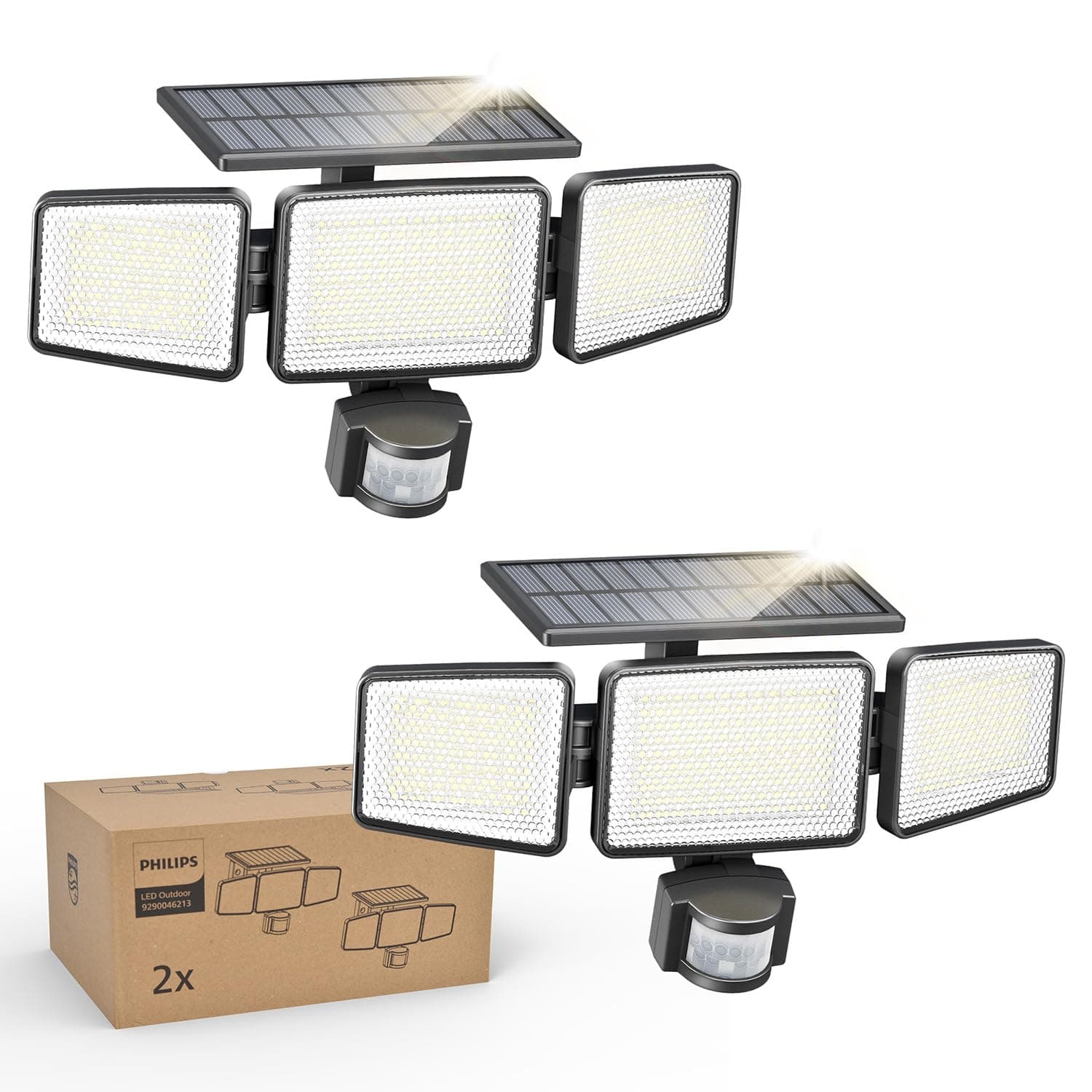 Philips Solar Security Light Outdoor 302 LED 1200lm,Solar-Powered Waterproof Wall-Mounted Flood Light w/PIR Motion Sensor, 3 Heads, IP65 Waterproof, 3 Modes (2 Packs)