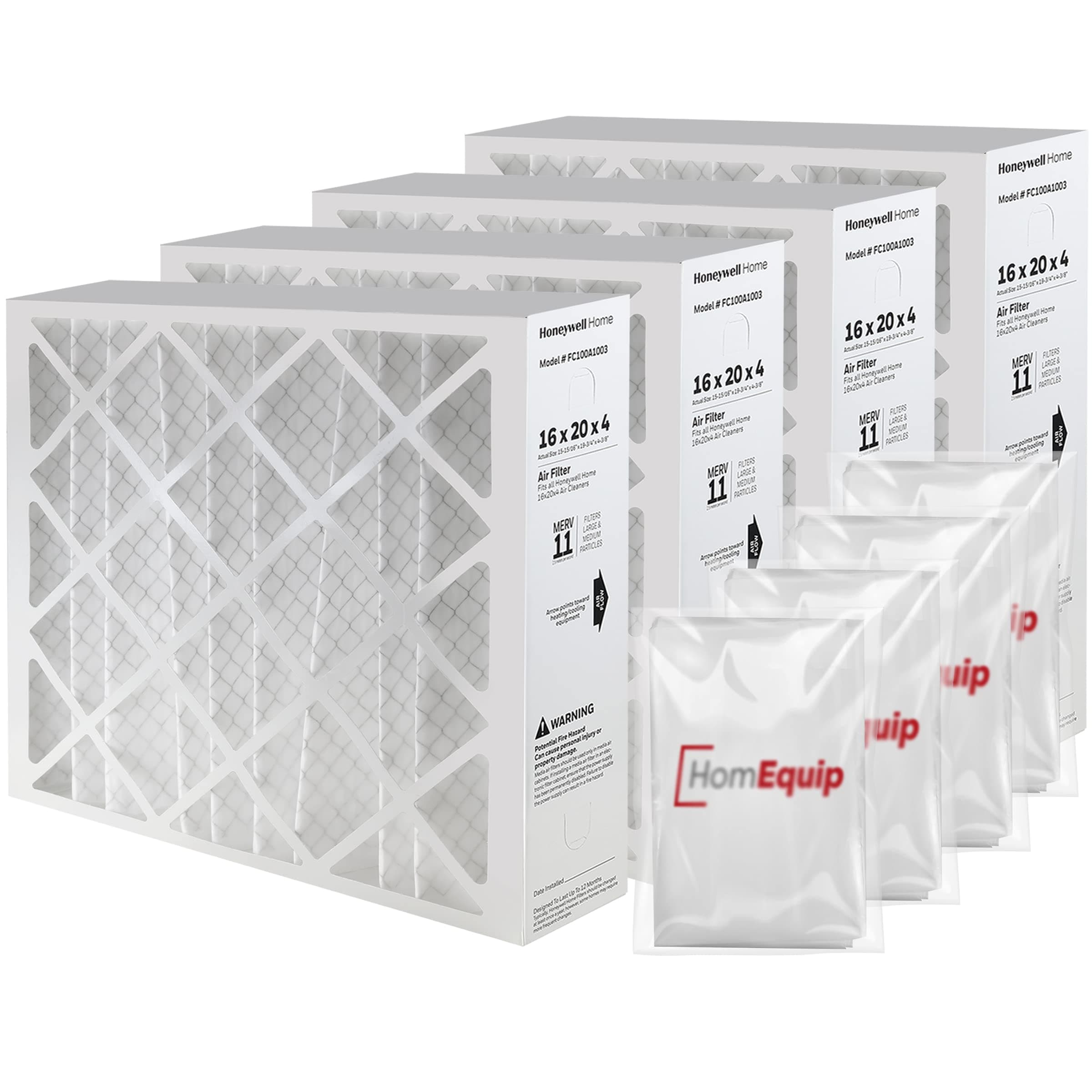 Honeywell16x20x4 Air Filter Replacement - FC100A1003 HVAC Furnace Filters Merv 11 Filter Media, AC Filter with Homequip Disposal Bag, 4-Pack (Actual Size: 15.94 x 19.75 x 4.38 Inches)