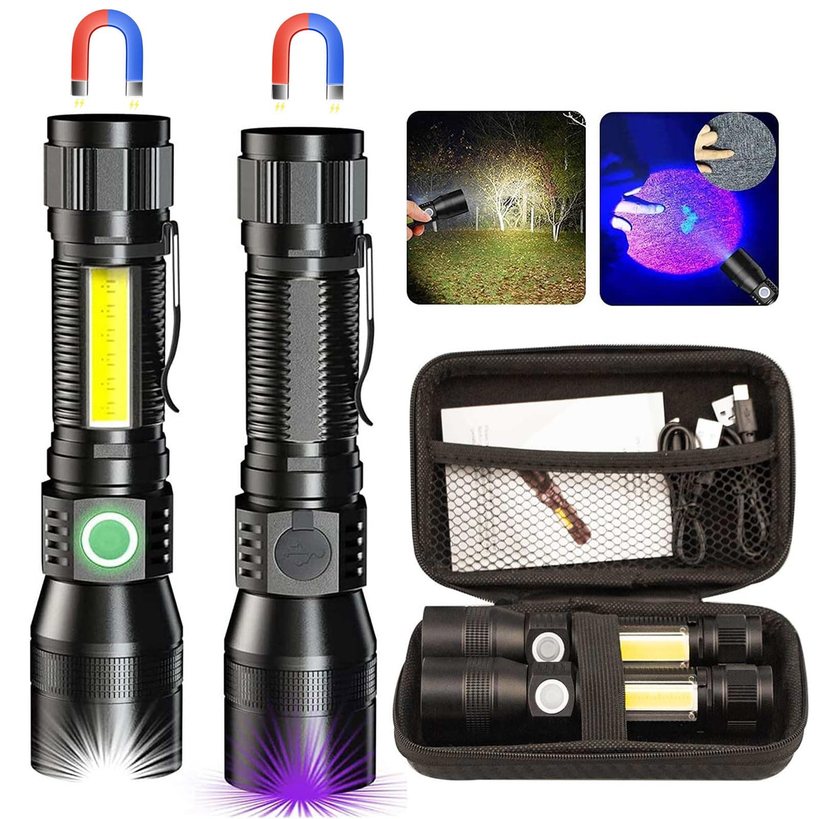 Black Light Flashlights, 3-in-1 UV Flashlight Rechargeable, 1000 Lumen Magnetic LED Flashlight, 7 Modes Waterproof UV Light Flashlight for Camping Emergencies Pet Urine Detection