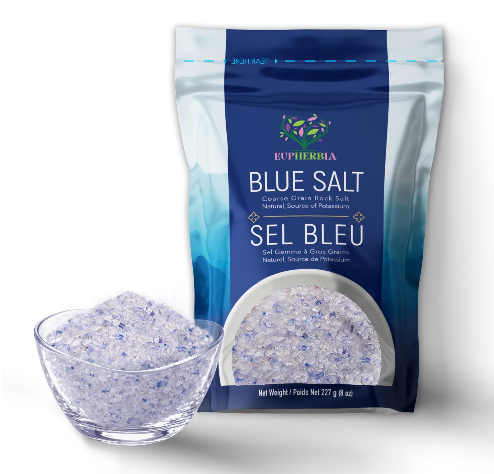 EUPHERBIA Blue Salt, Coarse, Rare Mineral Salt, High Potassium, Lower Sodium, Natural, Unprocessed, Hand Harvested, Kosher Certified, 227g (8 Oz)