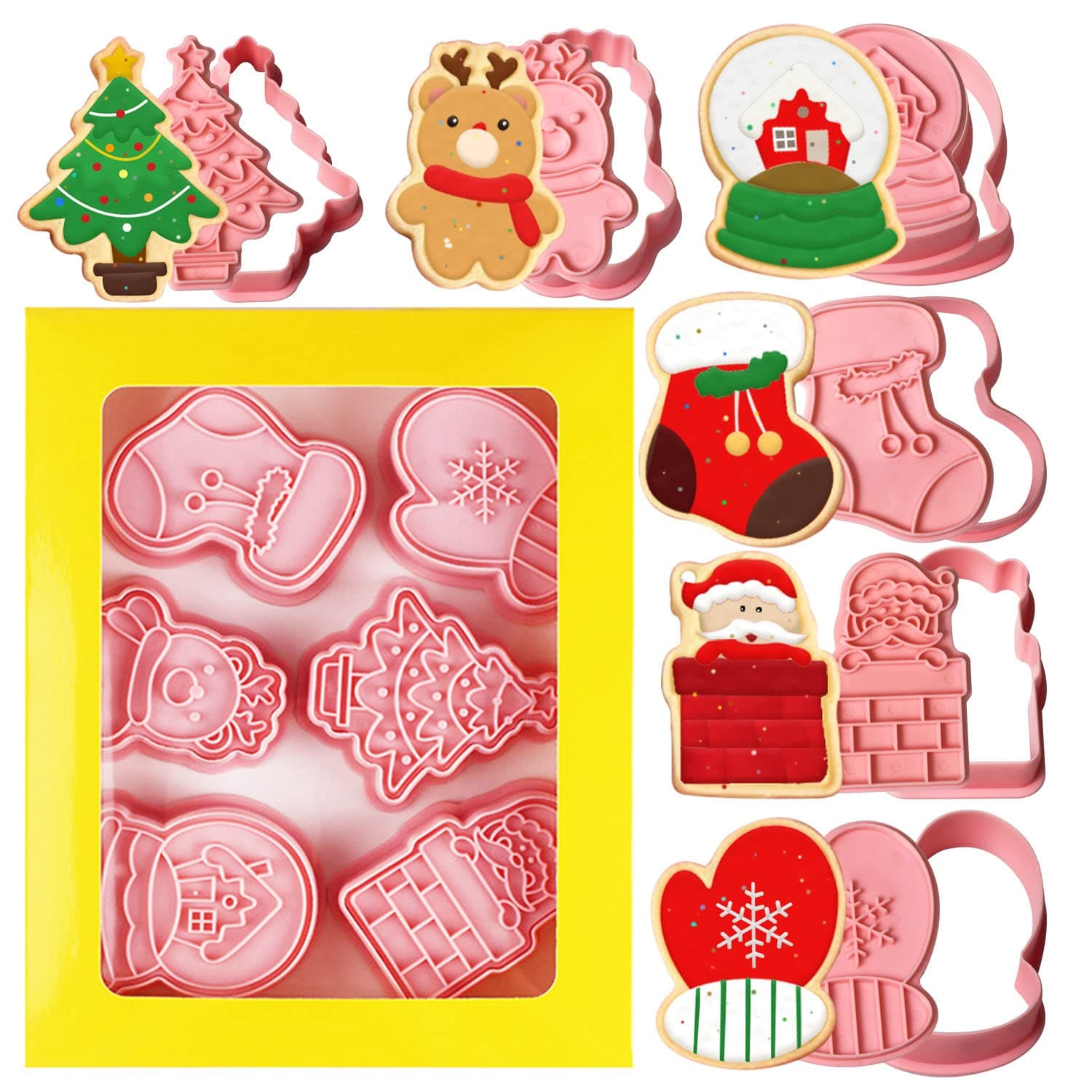 Leesgel Christmas Cookie Cutter for Baking, 6pcs 3D Pressable Embossed Pastry Cutter Shapes Biscuit Stamp for Christmas Cookie Decorating Kit Party Decorations Supplies