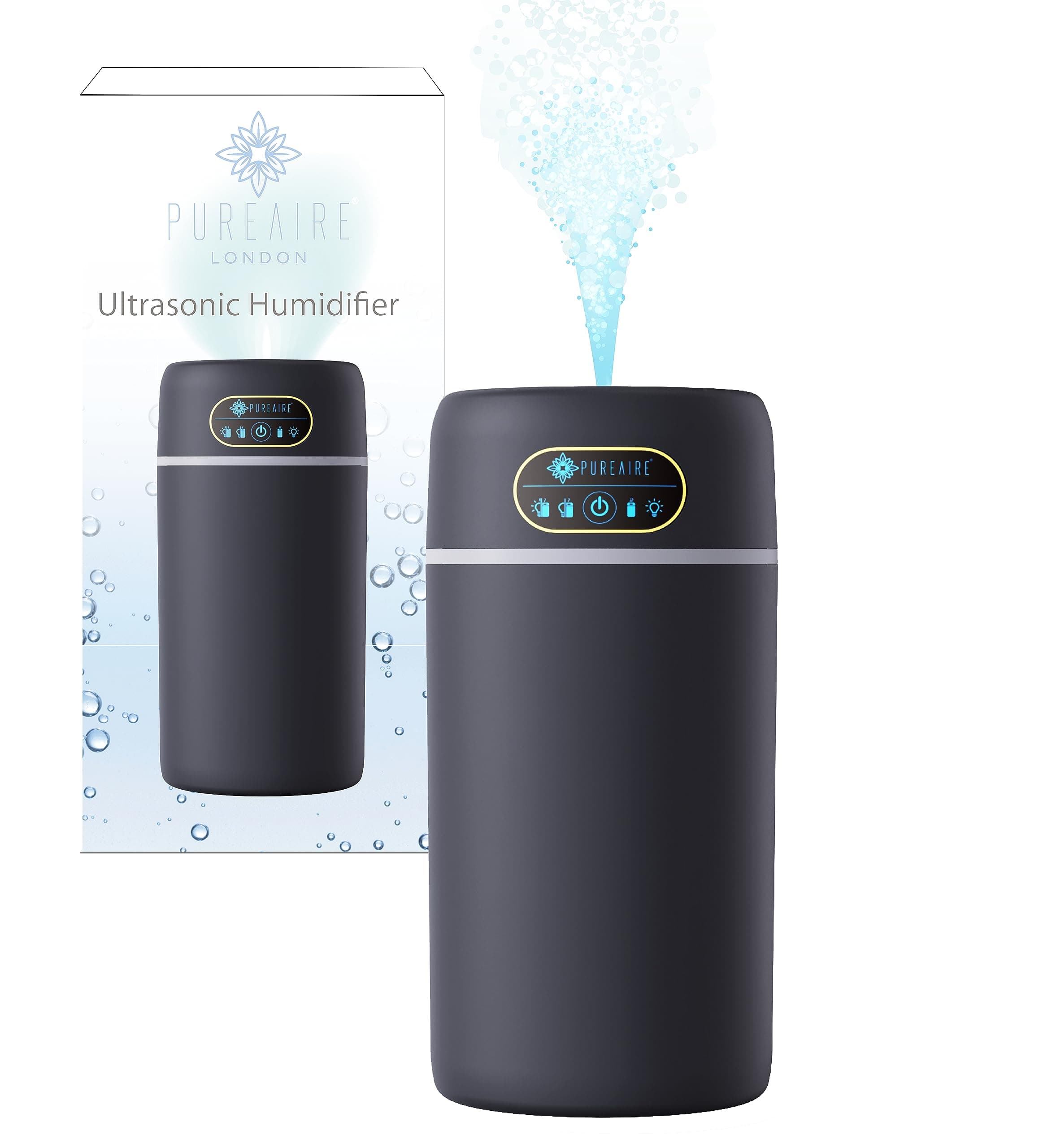 PureAire Cool Mist Humidifier for Bedroom & Home Office, Colour LED Ultrasonic Air Diffuser with High Capacity 800ml Water Tank & USB - Black Nursery Unit Room Essentials & Car Diffusers for Home