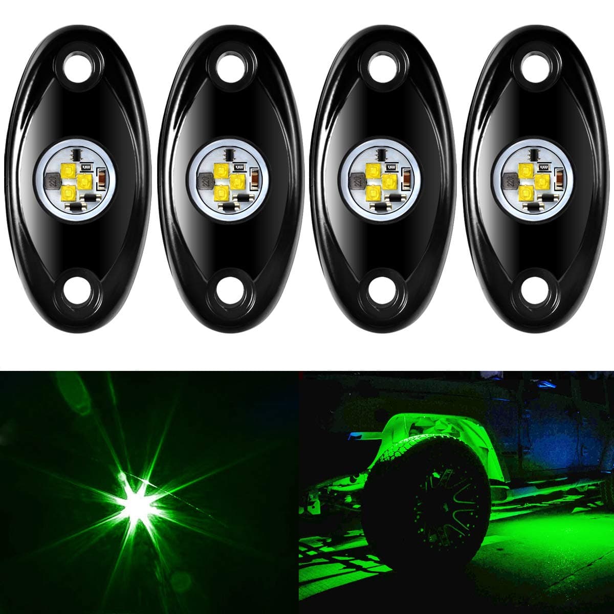 4 Pods LED Rock Light Kit for ATV SUV Offroad Car Truck Boat Underbody Glow Trail Rig Lamp Underglow LED Neon Lights Waterproof - Green