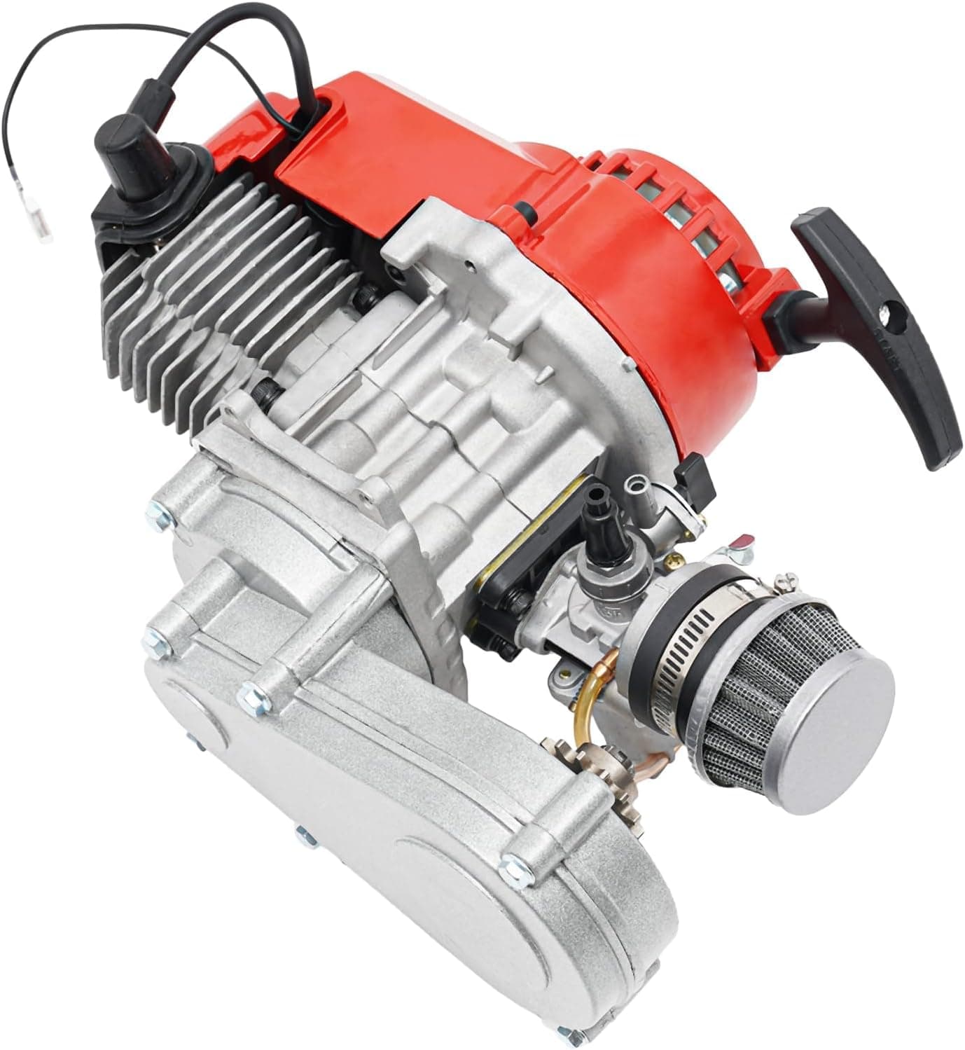 49cc/50cc Big Bore Pocket Bike Engine - 2 Stroke Motor with Pull Start, CNC Engine Cover, DIY Kit Includes Handle Grip, Throttle Cable, Air Filter for Mini Dirt Bike