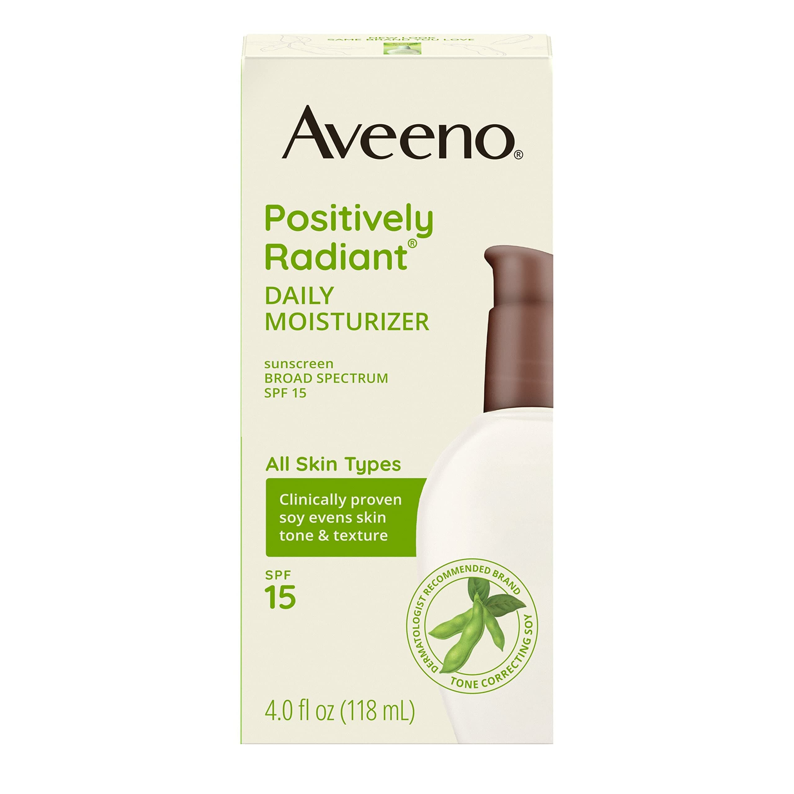 Aveeno Positively Radiant Daily Facial Moisturizer with Broad Spectrum SPF 15 Sunscreen & Total Soy Complex for Even Tone & Texture, Hypoallergenic, Oil-Free & Non-Comedogenic, 4 fl. oz