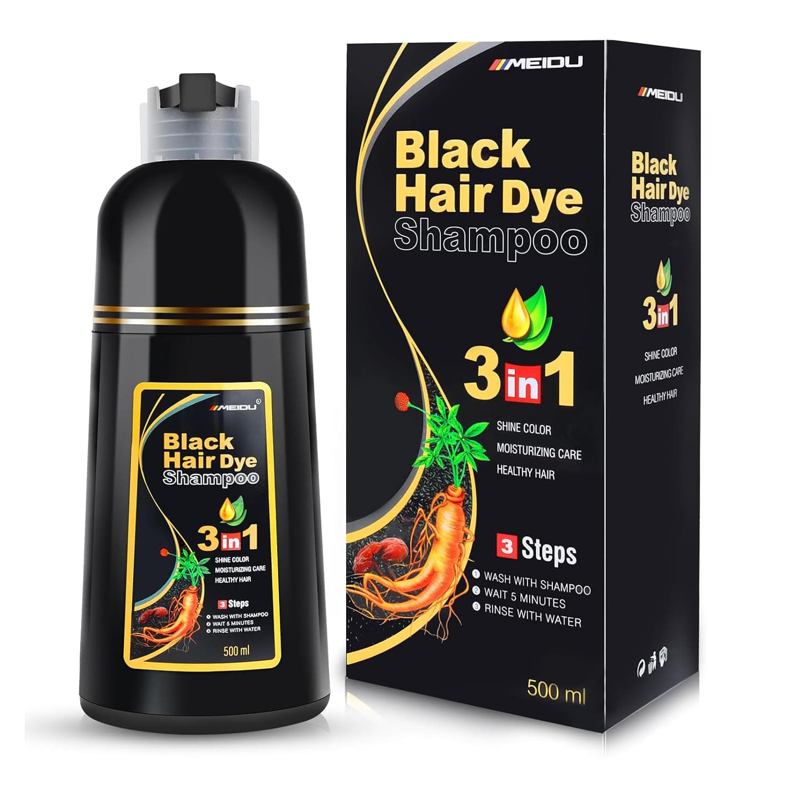 Black Hair Dye Shampoo 3 in 1 for Gray Hair, Herbal Ingredients Shampoo Black Hair Dye for Women Men, Grey Coverage Shampoo 500ml