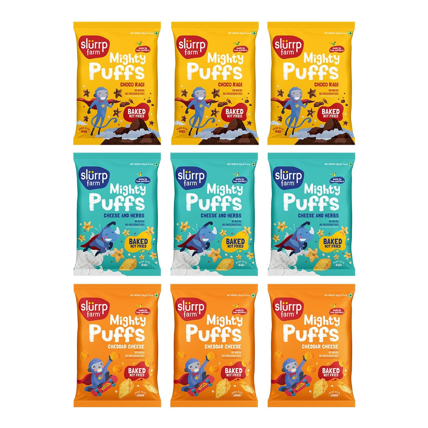 Slurrp Farm Mighty Jowar Puffs | Khatta Meetha, Mild Masala and Cheddar Cheese | Not Fried, No Maida | Healthy Snacks for Kids, School Tiffin and Travel-Friendly | 9 x 20g packs