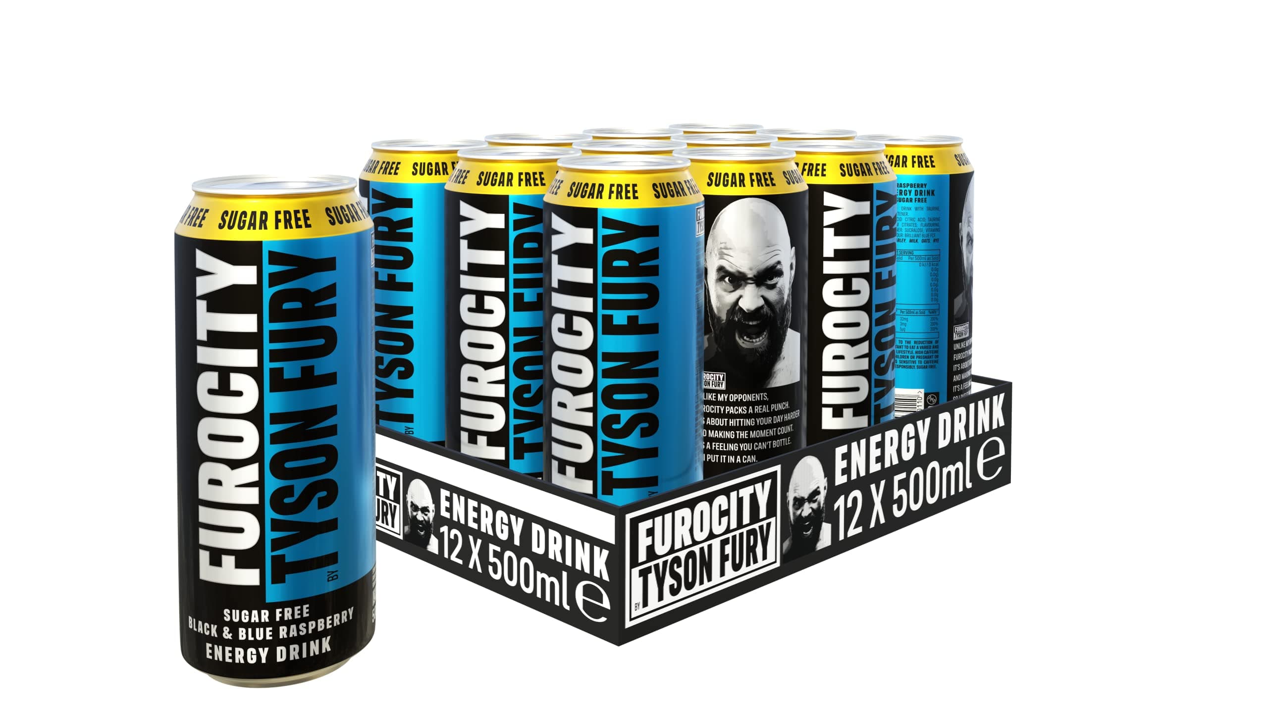 Furocity by Tyson Fury Energy Drink, Sugar Free Black and Blue Raspberry - Contains 157mg Caffeine with Zero Calories High in Vitamins B6, B12 and Taurine - 12 x 500ml Cans