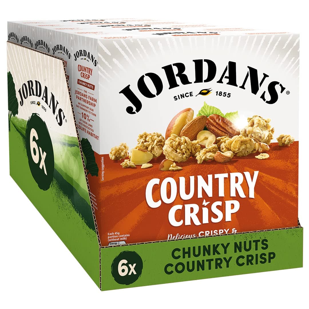Jordans Country Crisp Chuncky Nuts Breakfast Cereal - Oat and Barley Clusters with Almonds, Hazelnuts & more - No Artificial Flavours or Preservatives - British Baked Cereal - 450g (Pack of 6 x 450g)