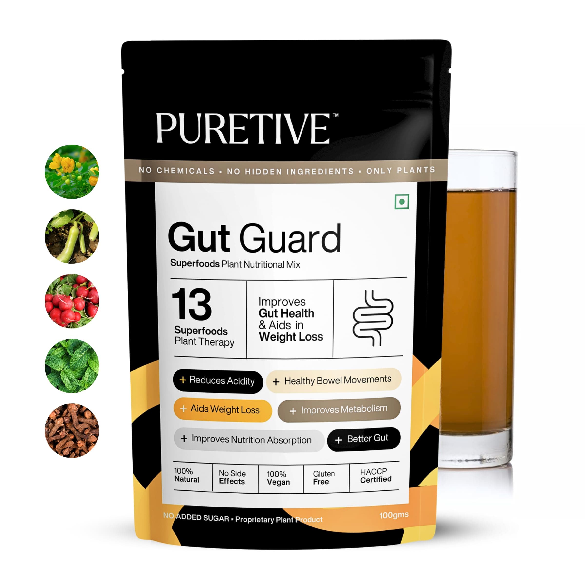 PURETIVE | Gut Guard Superfoods Nutritional Mix | 100% Plant Based | For Good Gut Health | I 100gms I Prevents Acidity, Bloating, Indigestion & Discomfort | Just Mix & Sip I Non-habit forming I