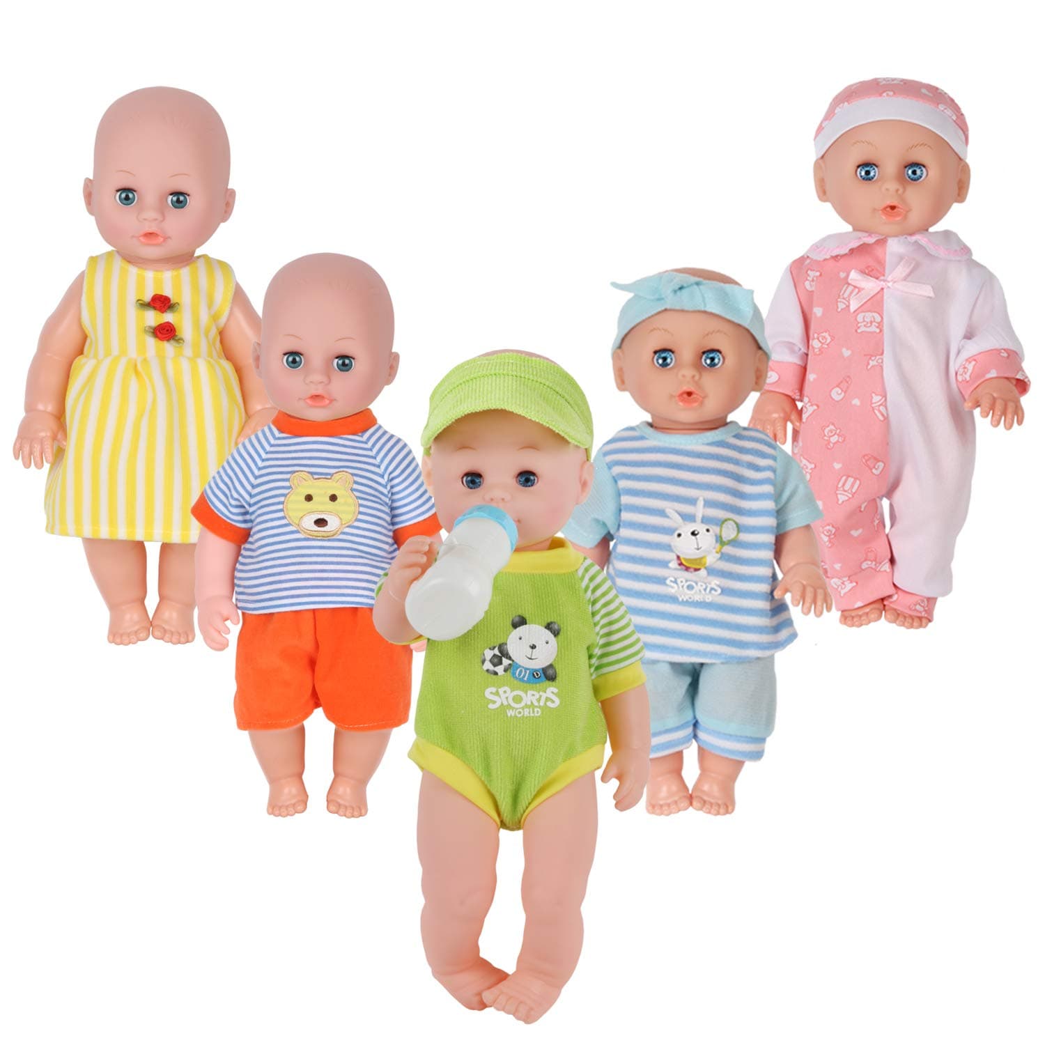 Set of 5 Baby Doll Clothes Accessories (NO Doll) with Feeding Bottle,for 12-13-14 Inch Newborn Reborn Alive Baby Dolls, Dress Clothing Outfits, Toy for Kids Children Toddler Birthday Xmas Present