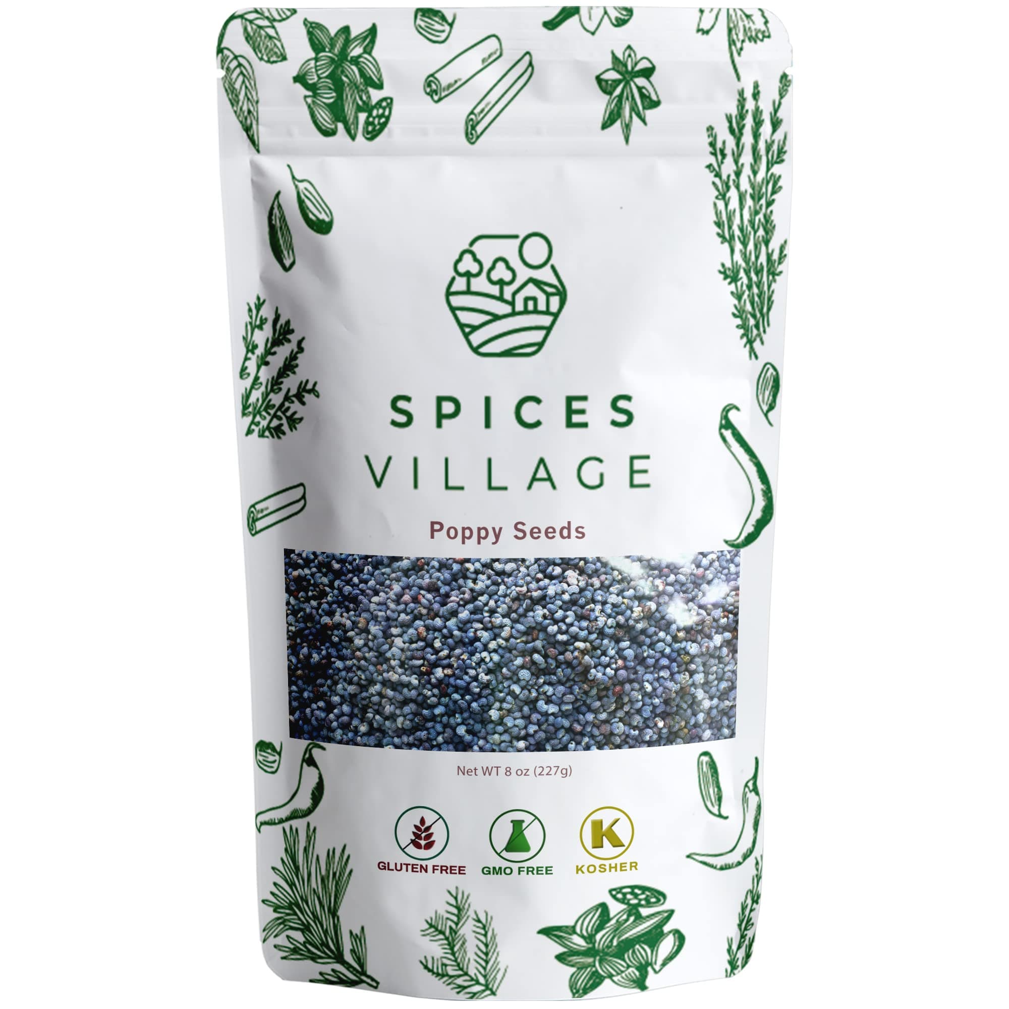 SPICES VILLAGE Poppy Seeds [ 8 oz ] - Whole Poppy Seeds for Baking, Bagels, Muffins, Cookies, Kosher, Gluten Free, Non GMO, Resealable Bulk Bag