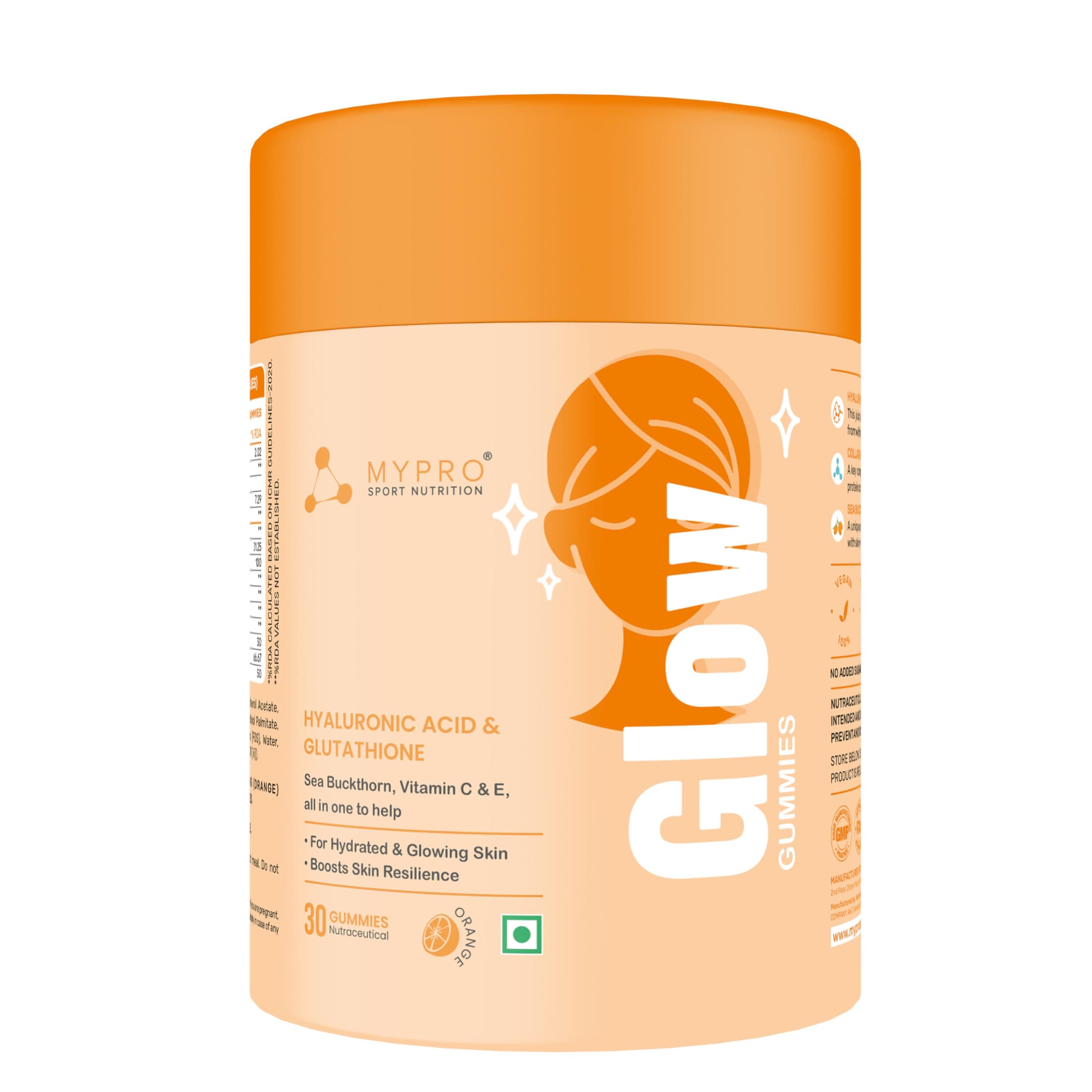 Glow Skin Gummeis | with Glutathione&hyaluronic Acid,sea Buckthorn,vitamin C & E | to Support Healthier&youthful Skin Health | Natural Orange Flavoured for Men&women-30 Gummies