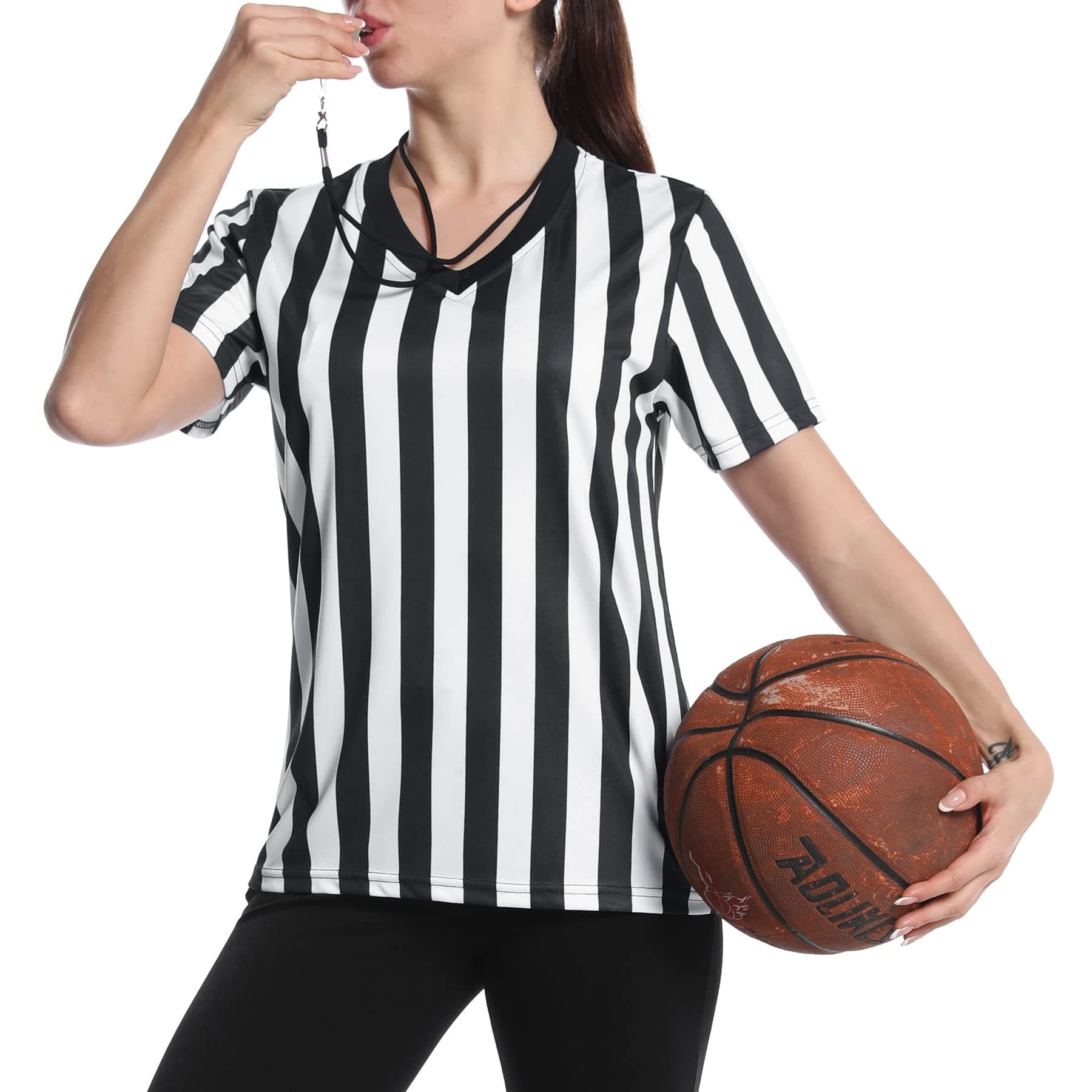 Women's Official Referee Shirt Black & White Stripe Ref Umpire Jersey Short Sleeve for Basketball Football Hockey