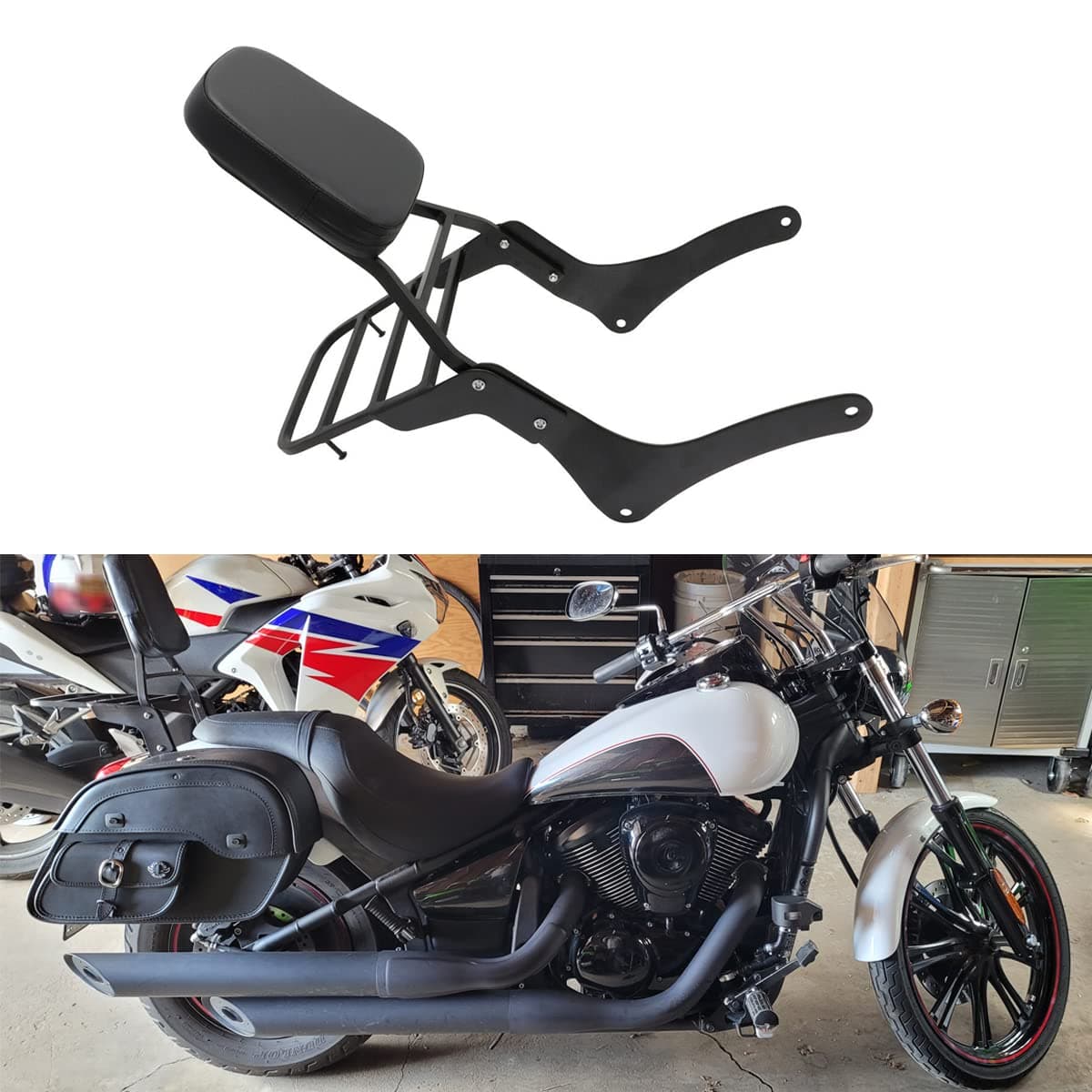 Comfortable Leather Backrest Sissy Bar + Luggage Rack Pad Compatible With Kawasaki Vulcan 900 VN900 1996-2018 (Chrome) (Black)