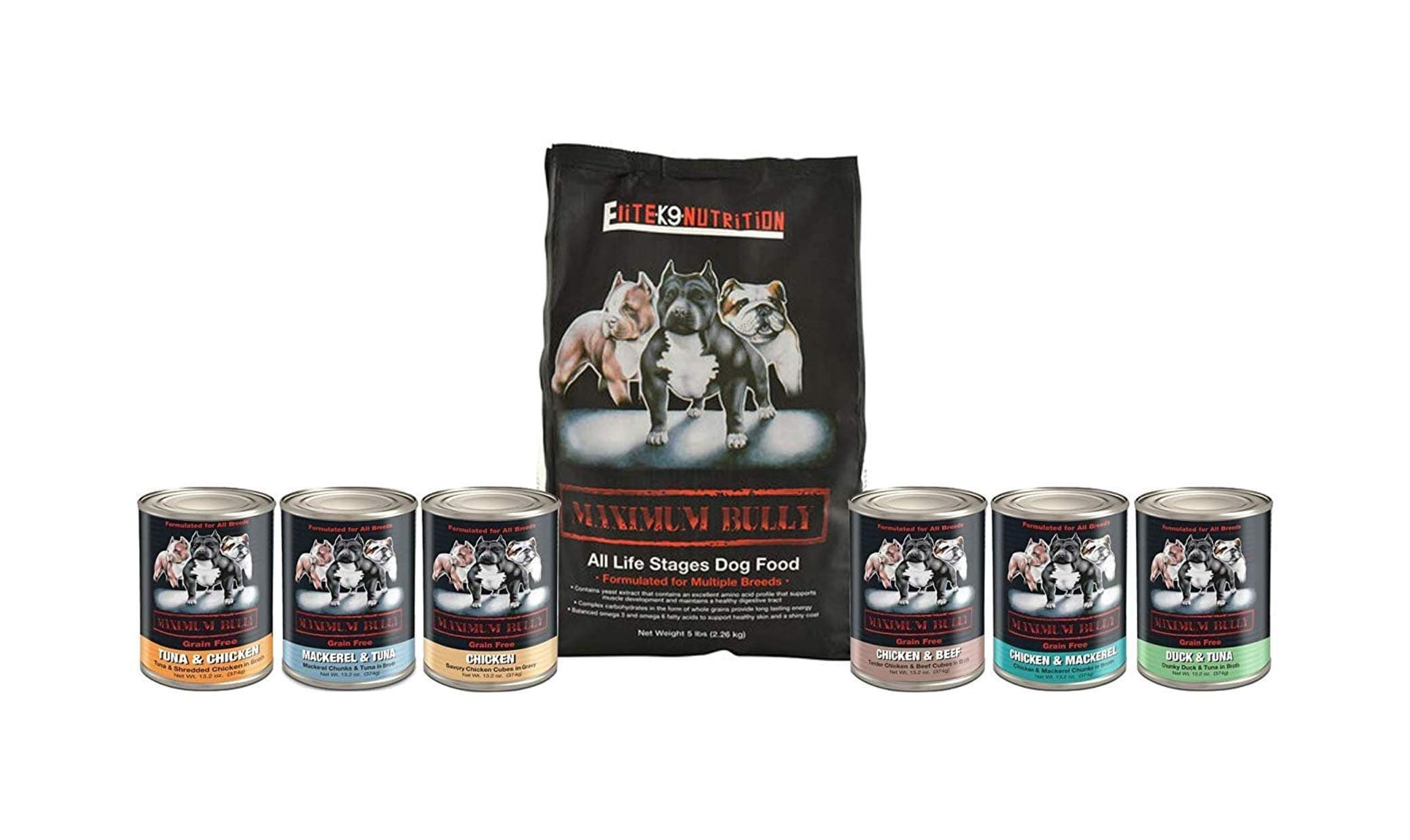 Maximum Bully Dog Food 5lbs- Muscle Health Plus 6 Wet Food Cans 6 Flavors & 1 Can Topper 1 Dog Toy