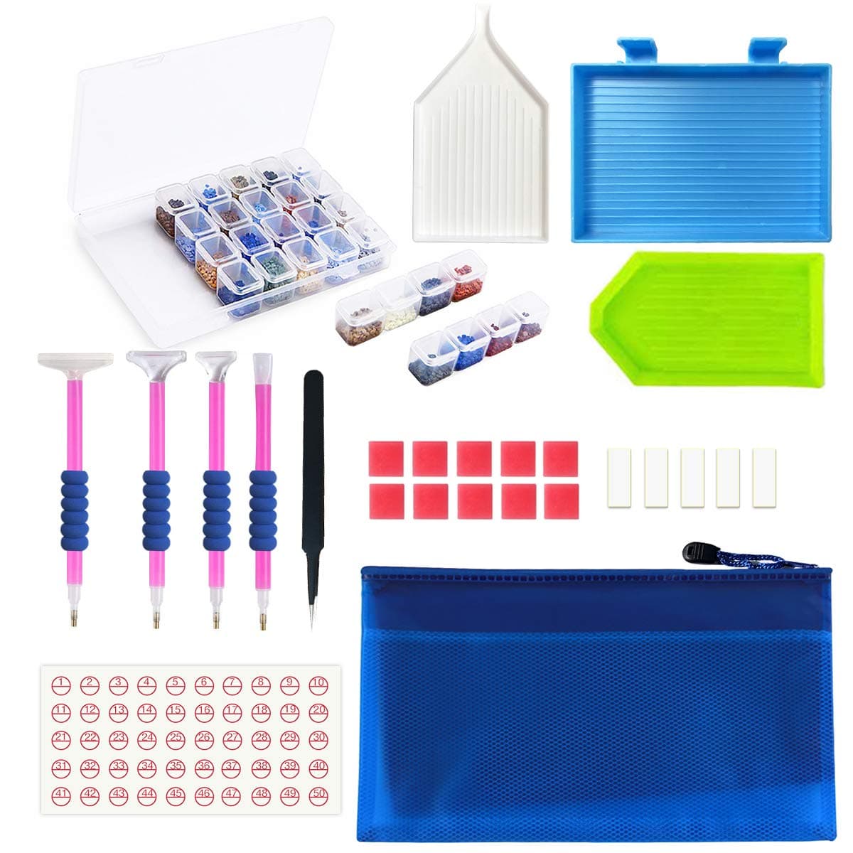 JUSONEY 5D Diamond Painting Kit- 31 Pieces DIY Diamond Painting Accessories Pack with 28 Slots Diamond Embroidery Box Ceramic Tweezers Pens Toolbox for Diamond Art Accessories