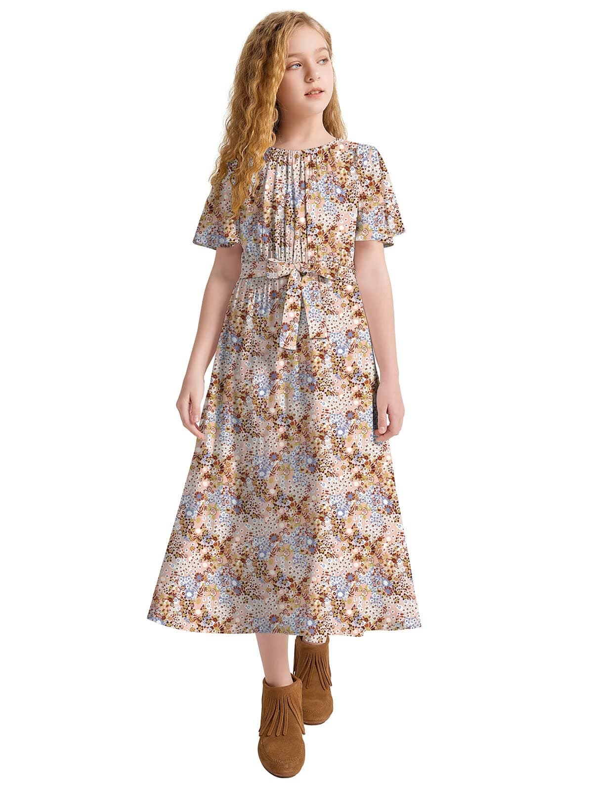 Girls Casual Butterfly Sleeve Elastic Crew Neck Floral Printed Solid Color High Waist Midi Belted Dress with Pocket