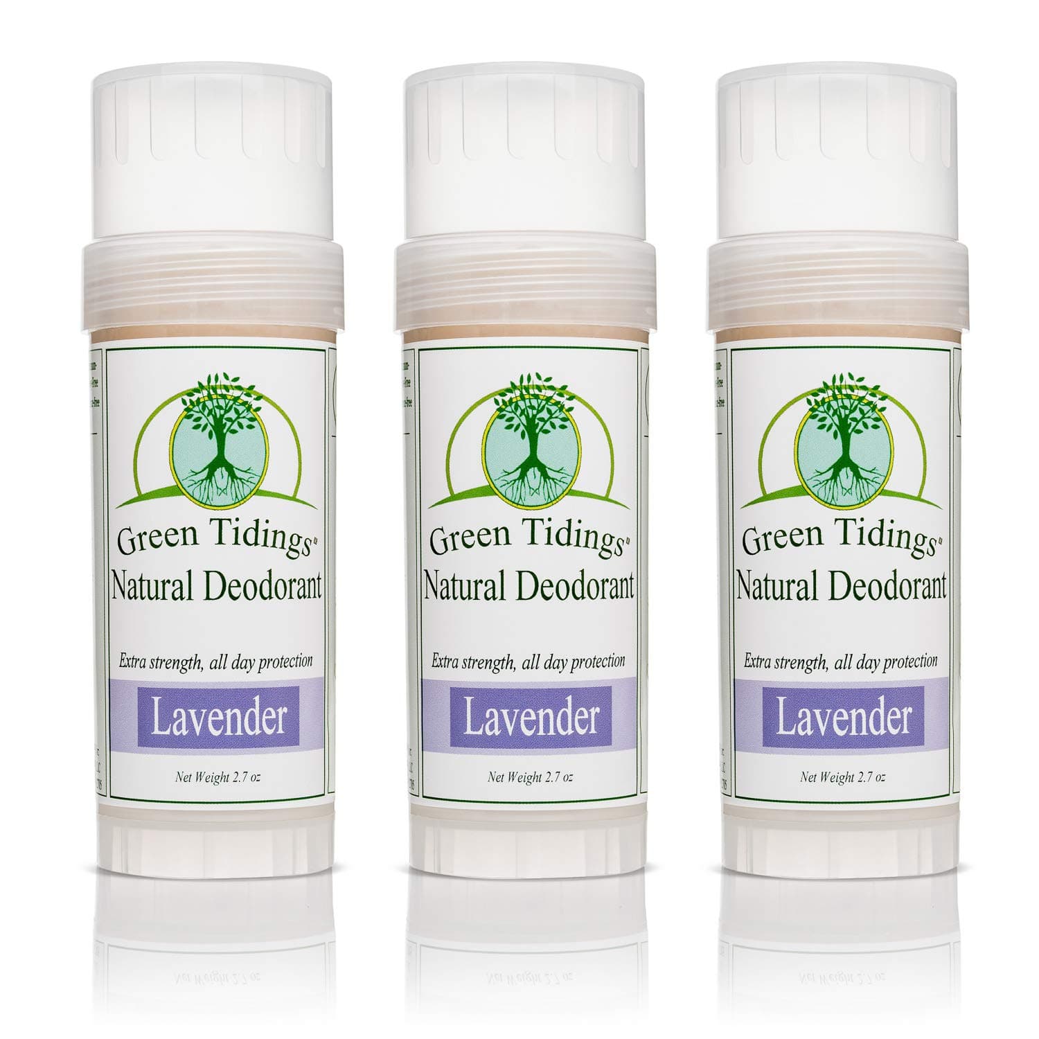 Green Tidings All Natural Deodorant Extra Strength 24 Hour Protection; 2 Sizes; Unscented or Lavender (Vegan Certified Cruelty Free) 2 Ounces Lavender 3 PACK (15% savings) AD