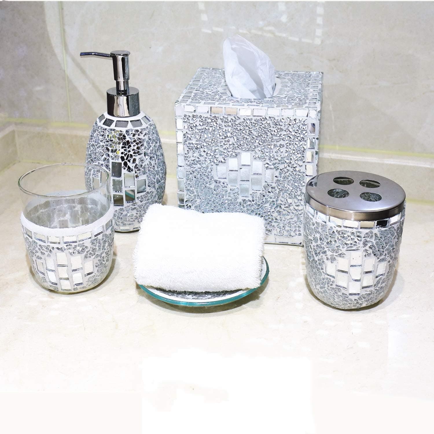 COMMODA Silver Mosaic Bathroom Accessories Set, 5 Piece Bath Set Collection Features Soap Dispenser, Toothbrush Holder, Tumbler, Soap Dish, Tissue Cover (Silver)