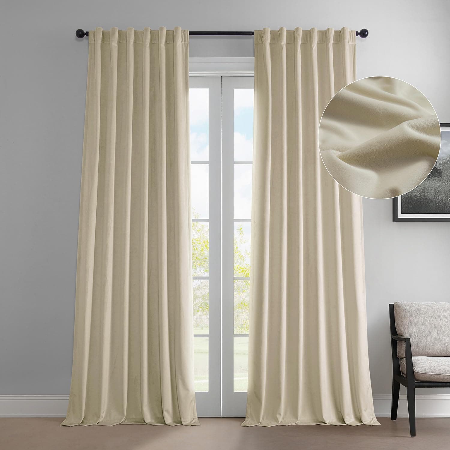 HPD Half Price Drapes Heritage Plush Velvet Curtains 96 Inches Long Room Darkening Curtains for Bedroom & Living Room 50W x 96L, (1 Panel), Au Lait Creme