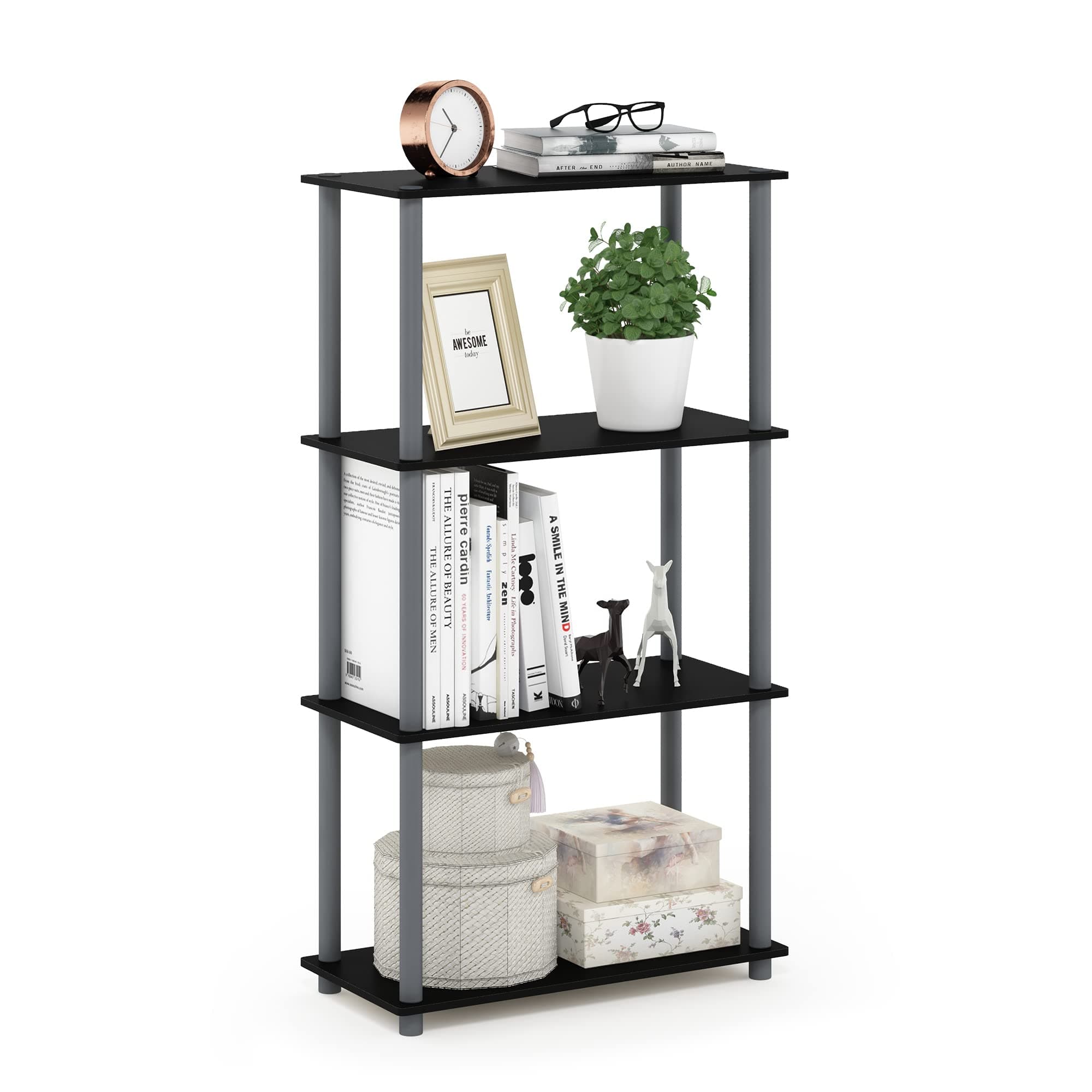 Furinno 99557BK/GY Turn-N-Tube 4-Tier Compact Multipurpose Shelf, Black/Grey