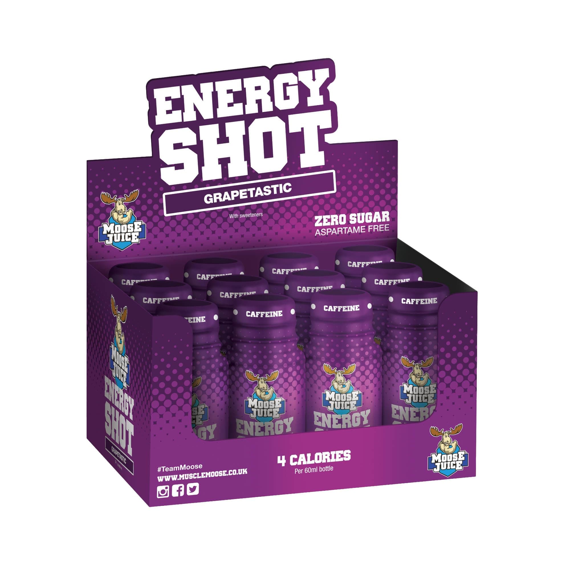 Moose Juice Energy Shots | Caffeine Drink, BCAA & B Vitamins, Zero Sugar, Aspartame-free, Grapetastic, 60ml (12 Shots)