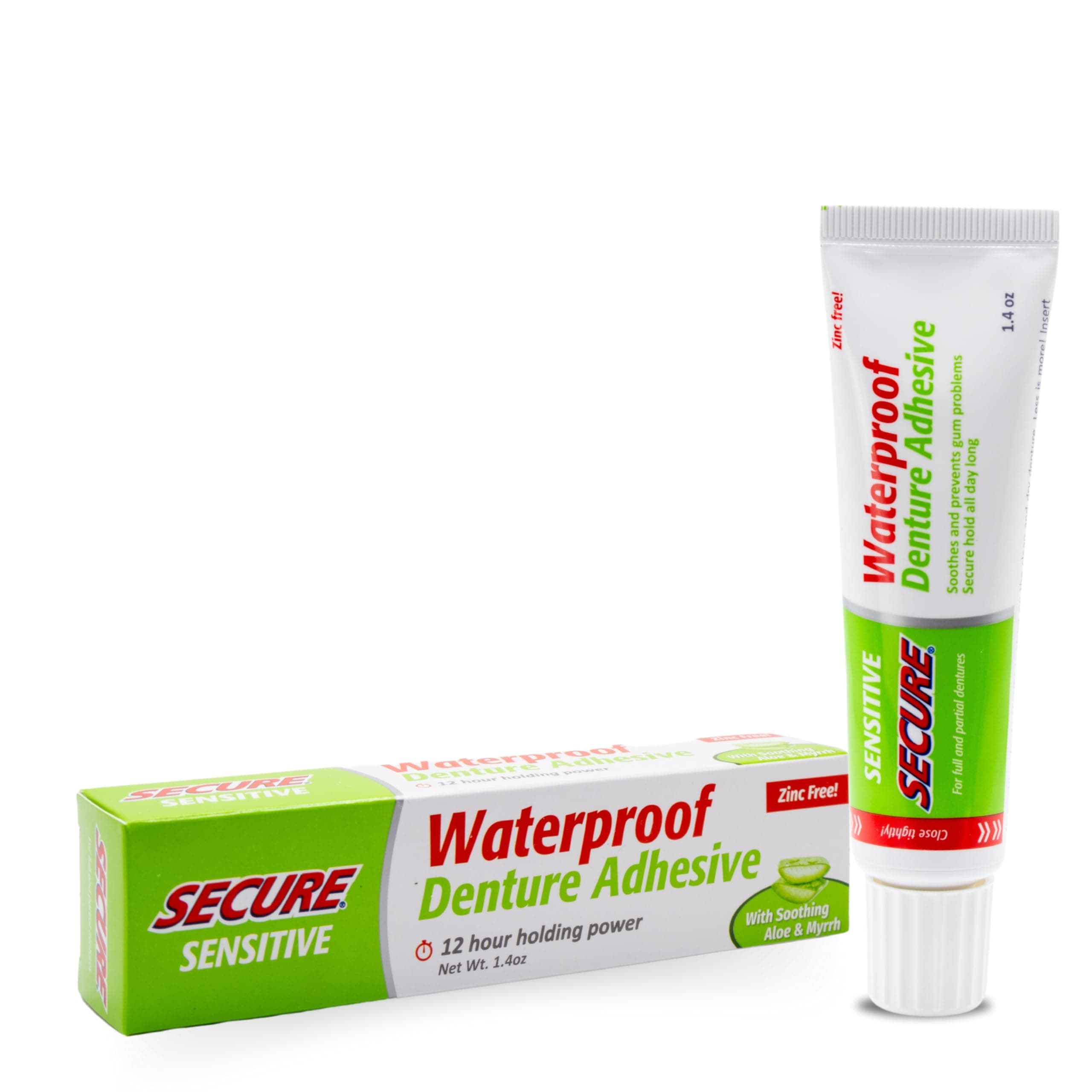 Secure Sensitive Gums Waterproof Denture Adhesive Zinc Free with Aloe Vera & Myrrh - Extra Strong 12 Hour Hold - 1.4 oz