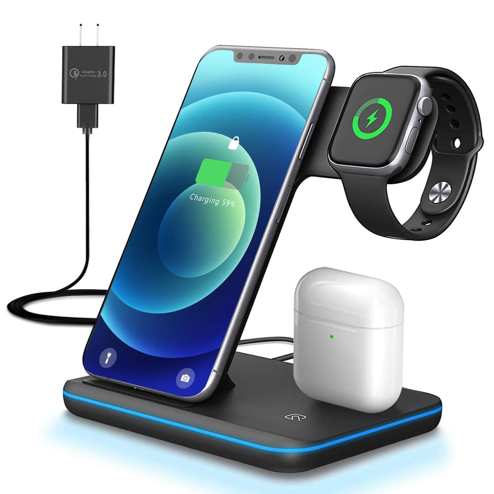 ZHIKE Wireless Charger, 3 in 1 Qi-Certified Wireless Charging Station for Apple iWatch Series 6/5/4/3/2/1, AirPods, Fast Charger Stand Dock Compatible with iPhone 11/XS MAX/XR/XS/8 Plus/Samsung
